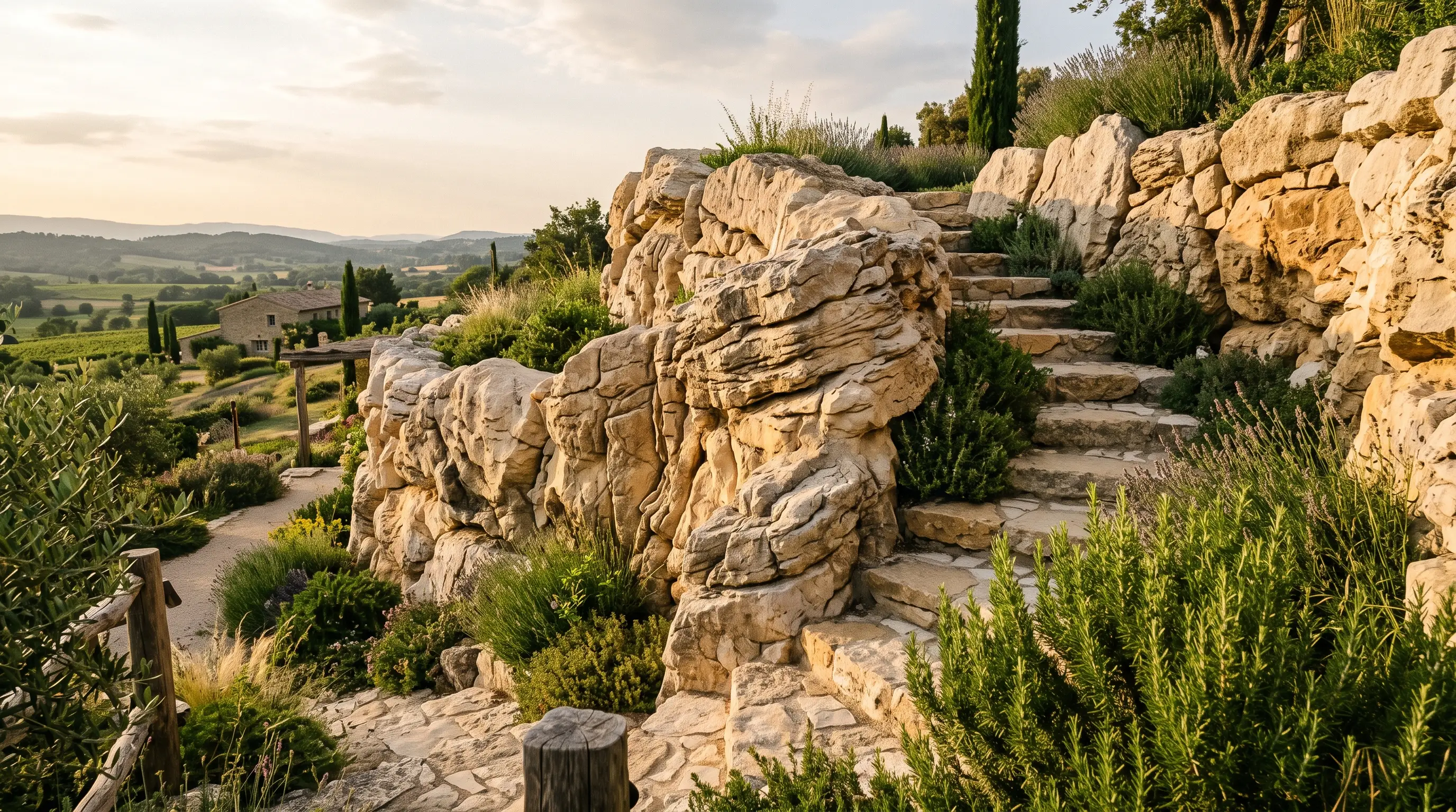 Mur de rochers sculptés à la main dans un jardin méditerranéen, lumière dorée rasante