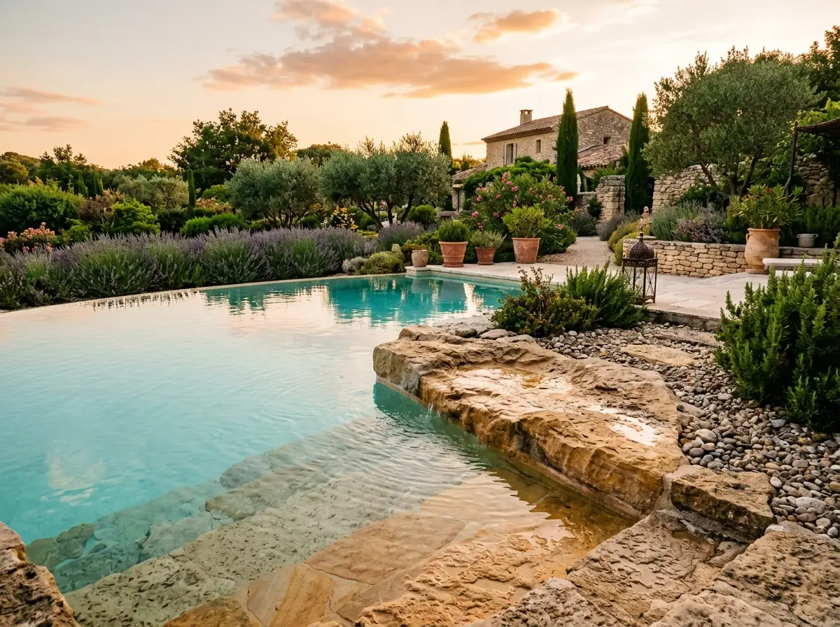 Plage immergée et muret de piscine en rocher sculpté