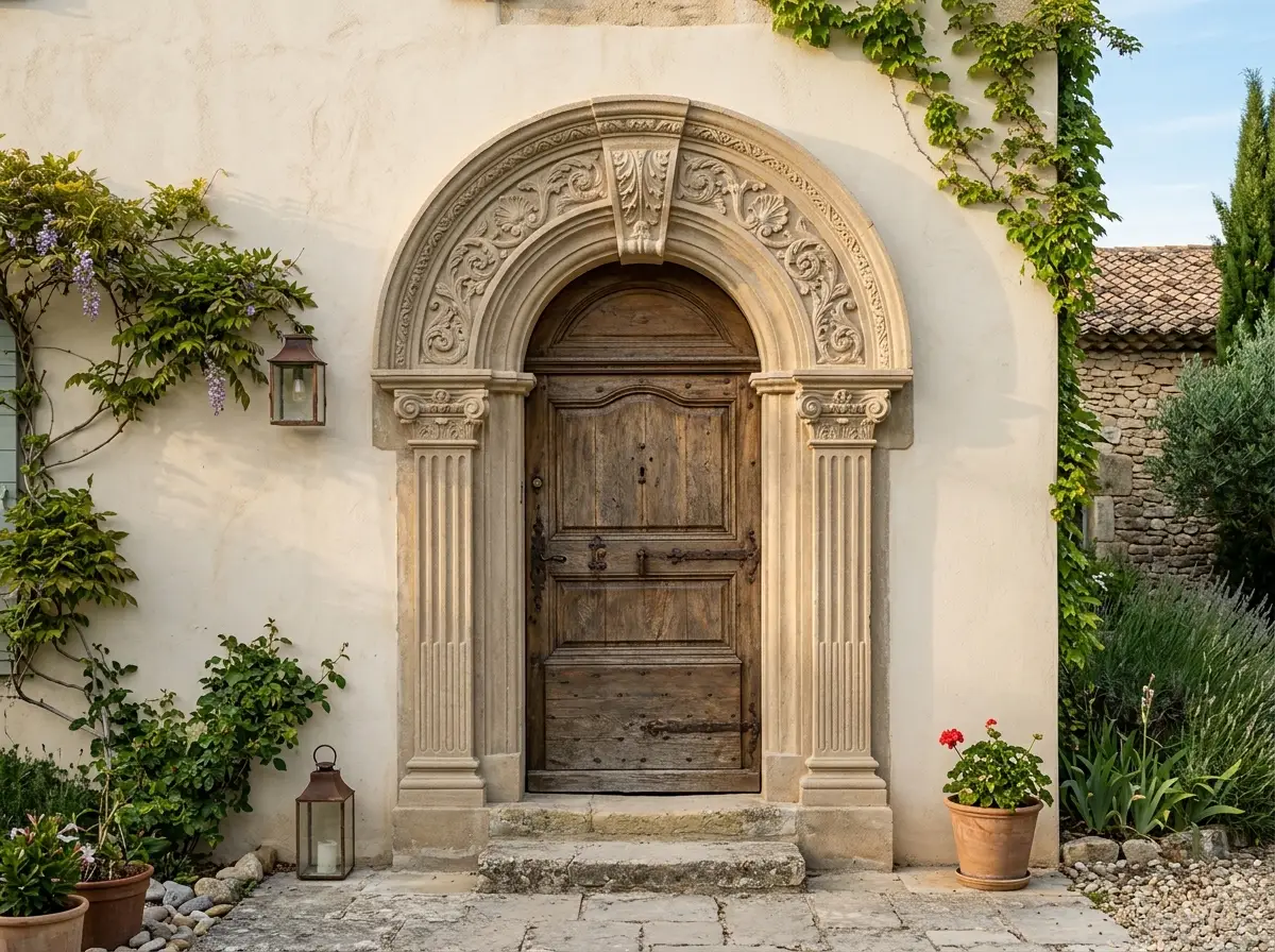 Porche d’entrée encadré de pierre de taille sculptée