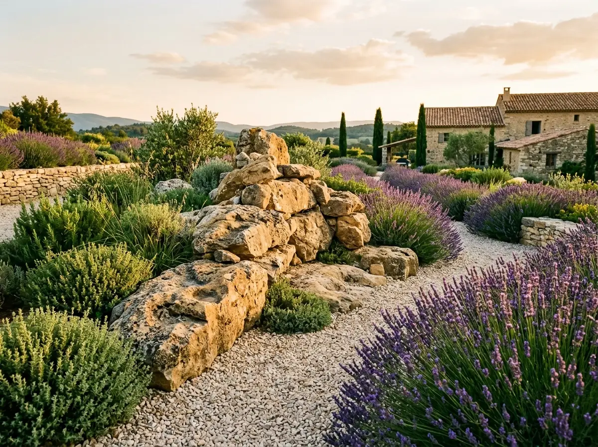 Affleurement de rochers sculptés dans un jardin de garrigue