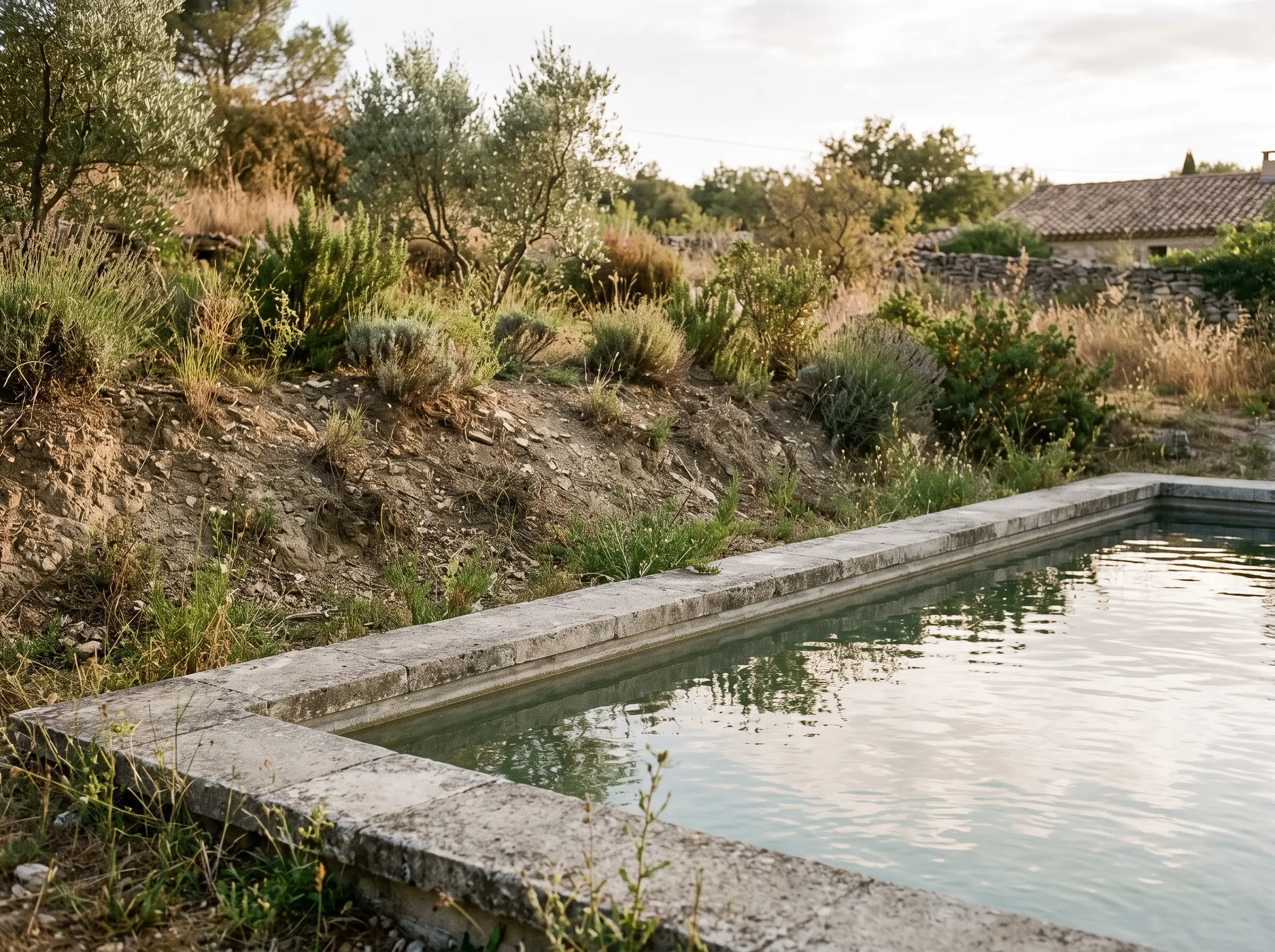 Avant : piscine au talus de terre nue