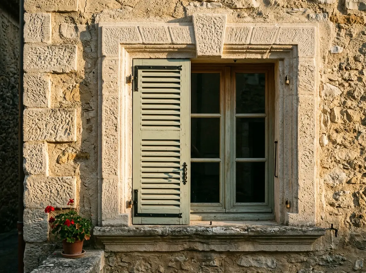 Encadrement de fenêtre et chaîne d’angle en fausse pierre sculptée