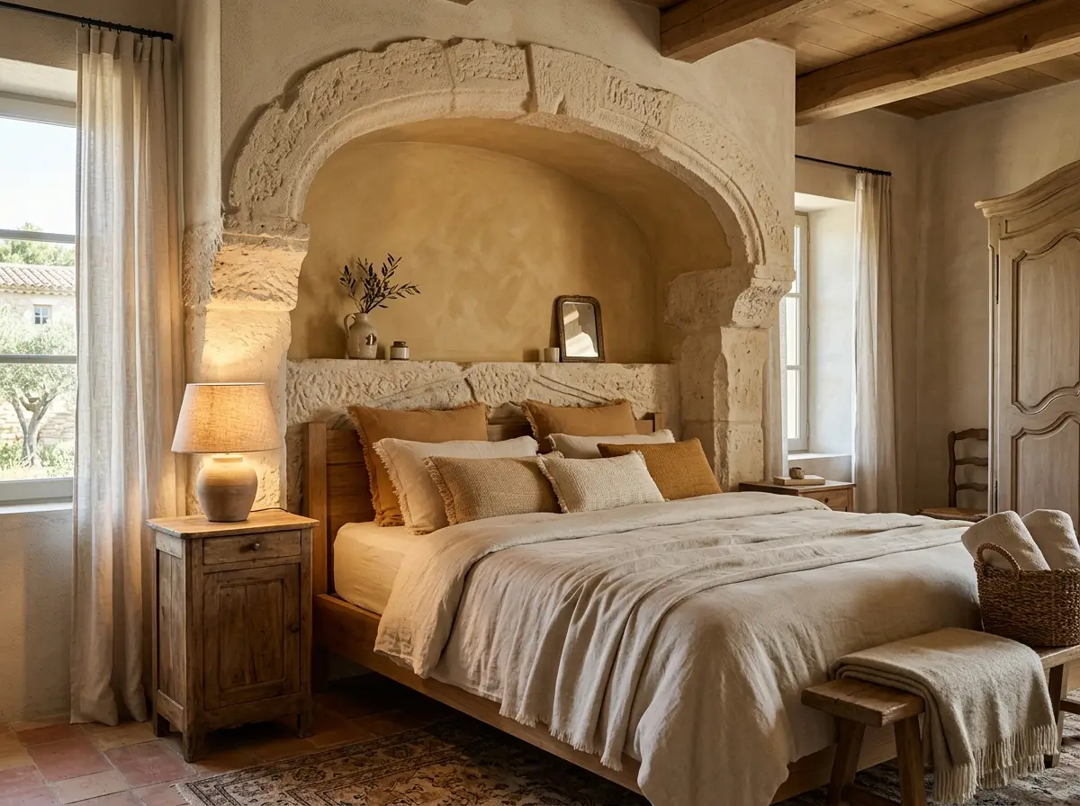 Arche de tête de lit en pierre sculptée dans une chambre