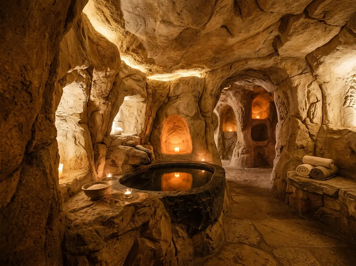 Grotte de spa aux parois de rocher sculpté, bassin intérieur