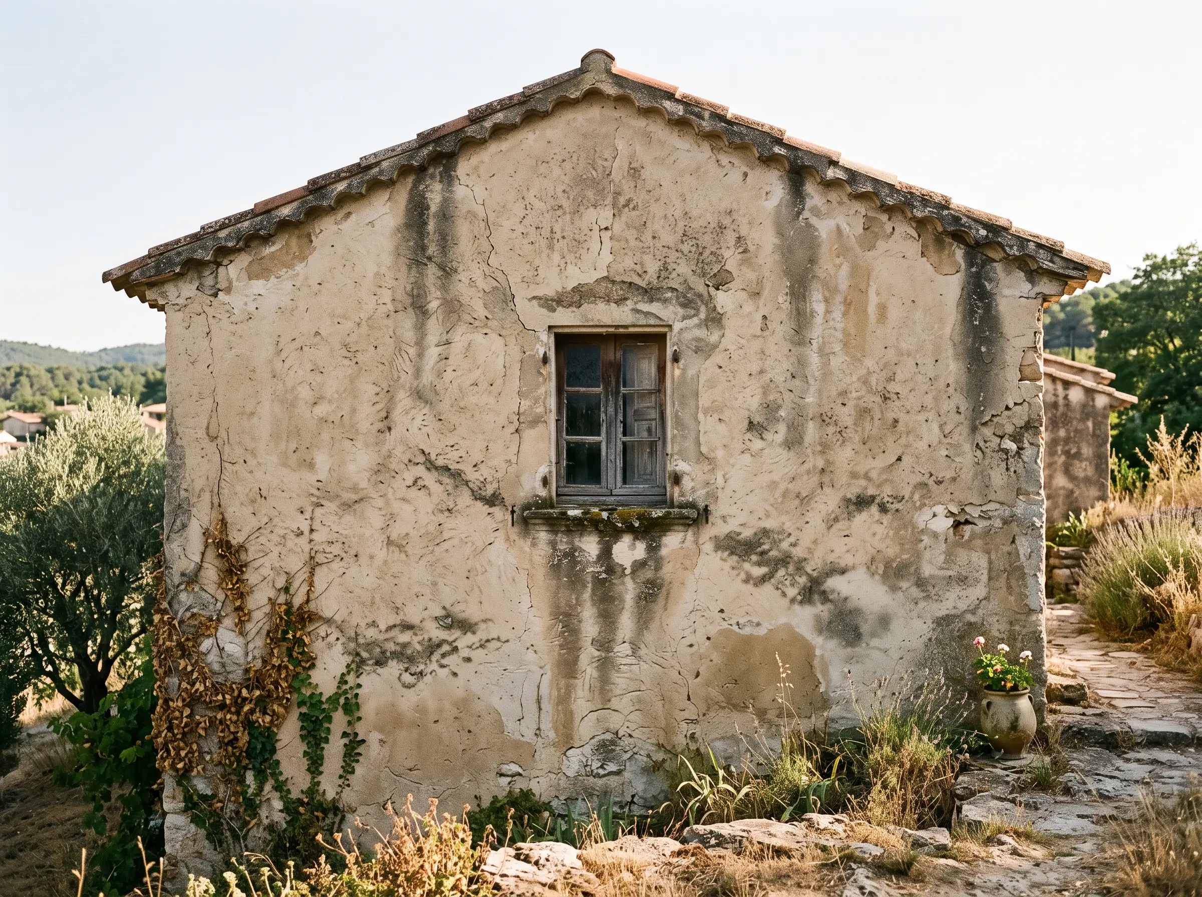 Avant : pignon à l’enduit ancien fissuré et taché