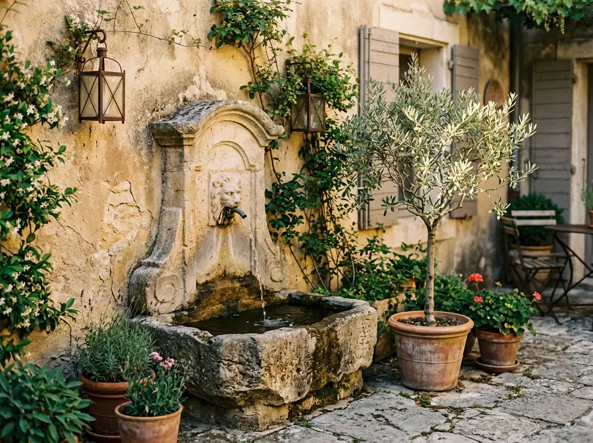 Fontaine murale en pierre sculptée dans un patio provençal