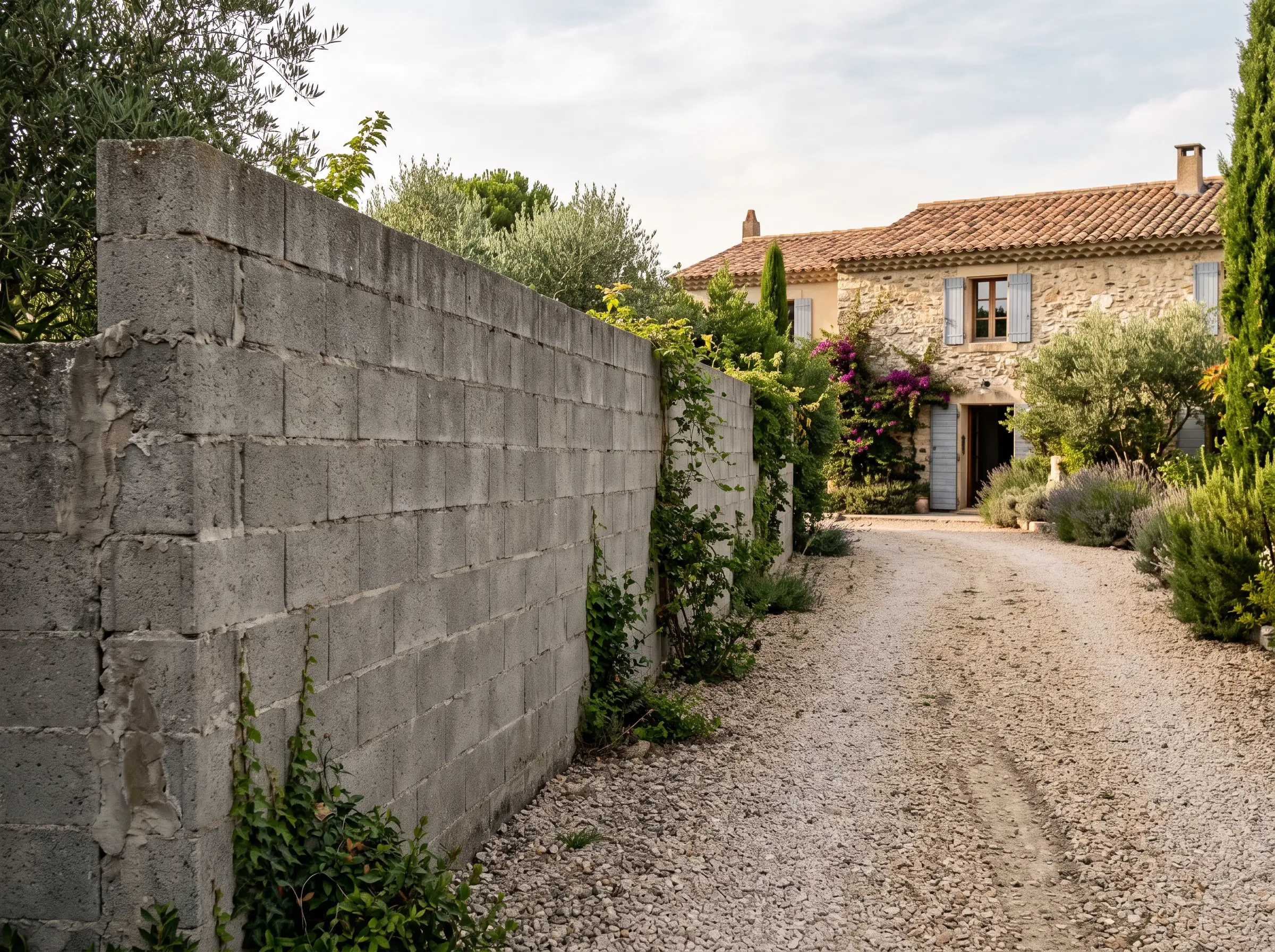 Avant : muret de clôture en parpaings bruts le long de l’allée