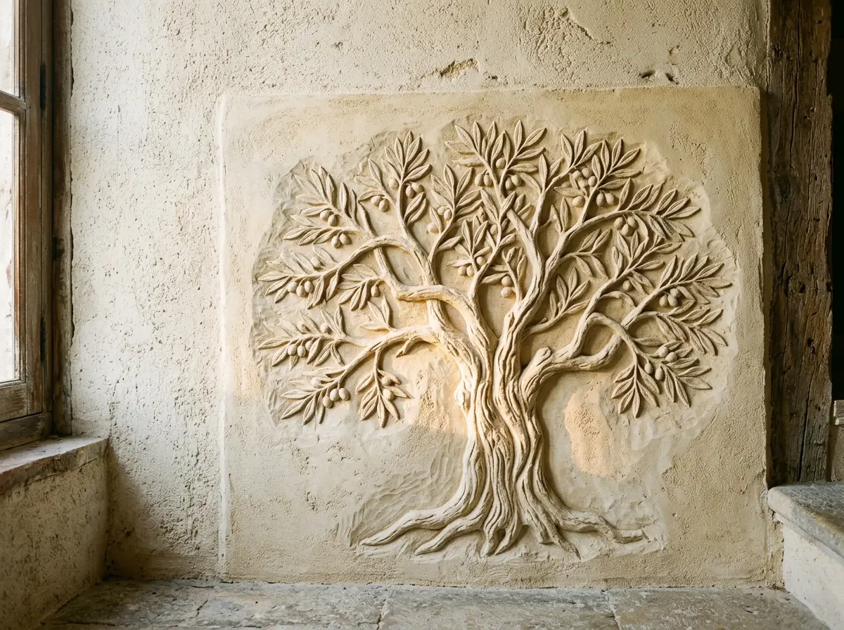 Bas-relief d’olivier sculpté dans un panneau d’enduit à la chaux