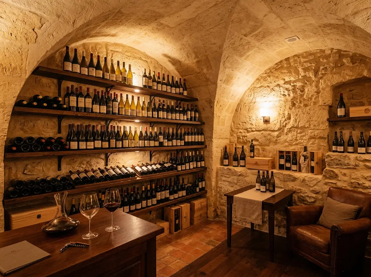 Bar à vin de restaurant sous voûte en pierre sculptée