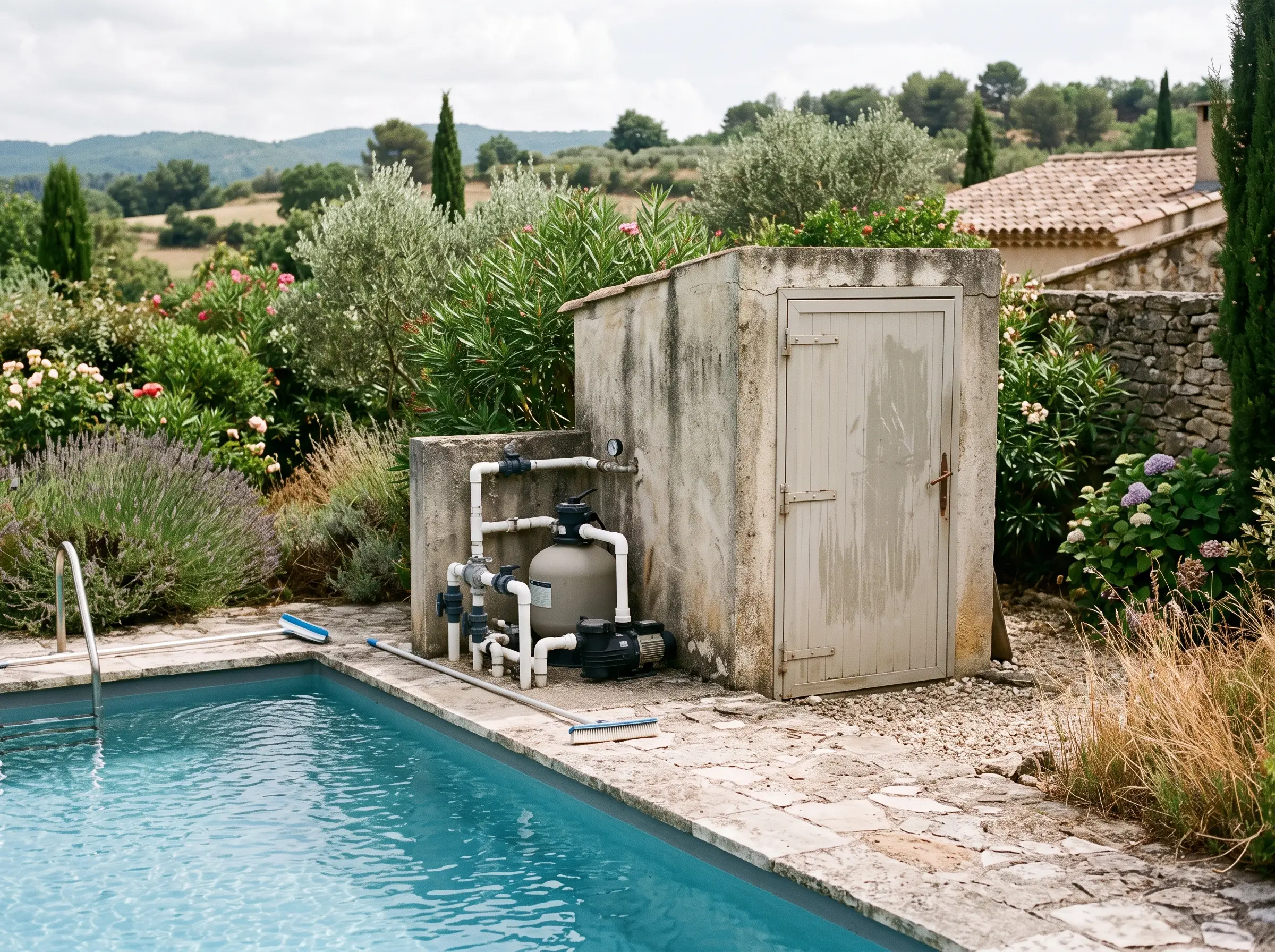 Avant : local technique de piscine en béton au bord du bassin