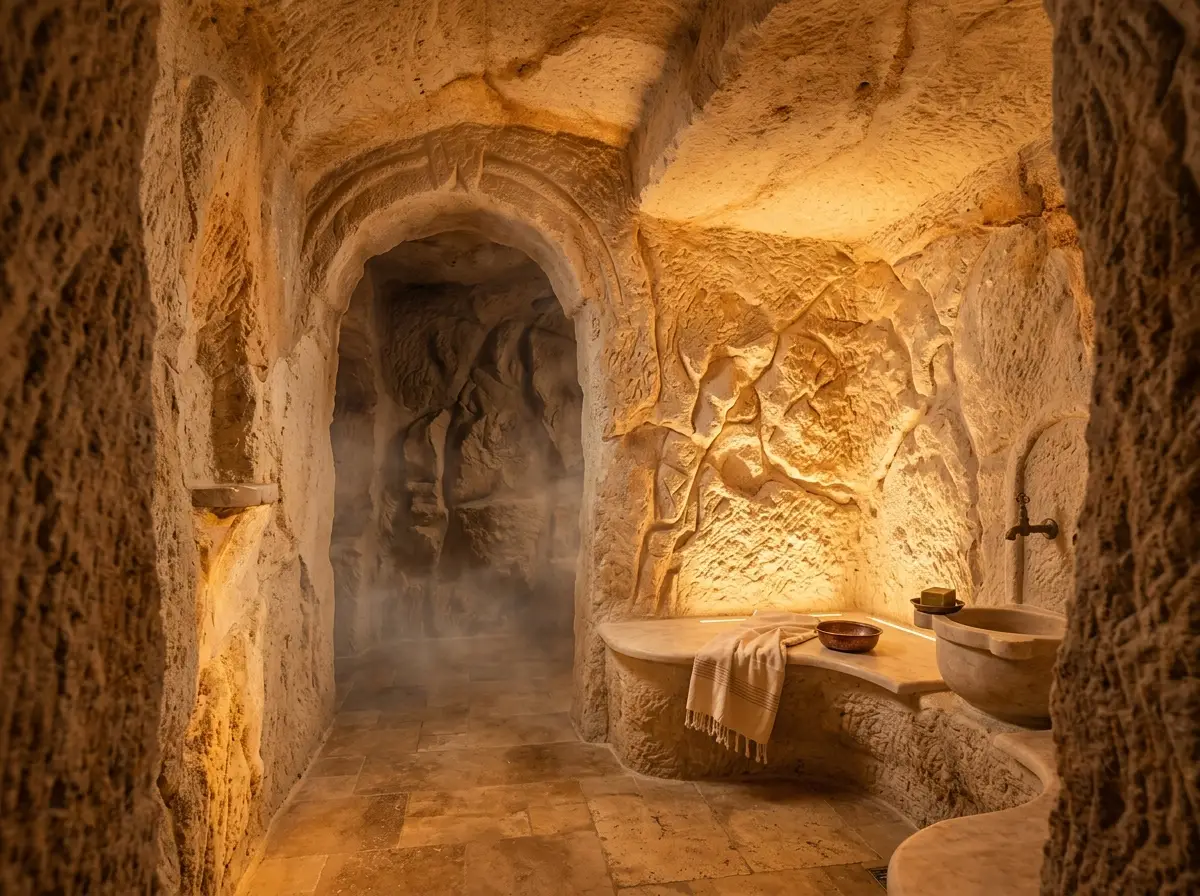 Hammam privé aux parois de roche sculptée, lumière ambrée