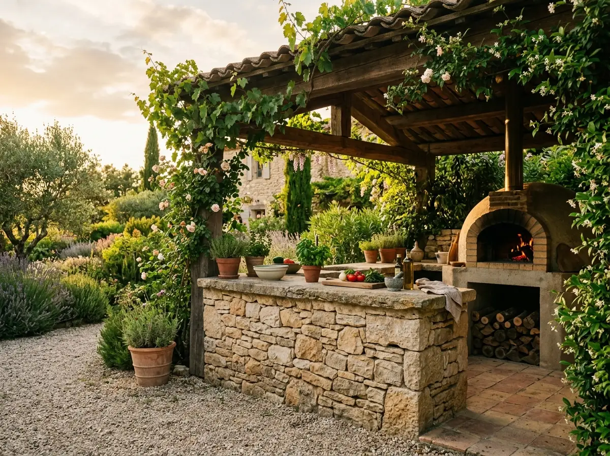 Cuisine d’été habillée de pierre sculptée sous une pergola provençale