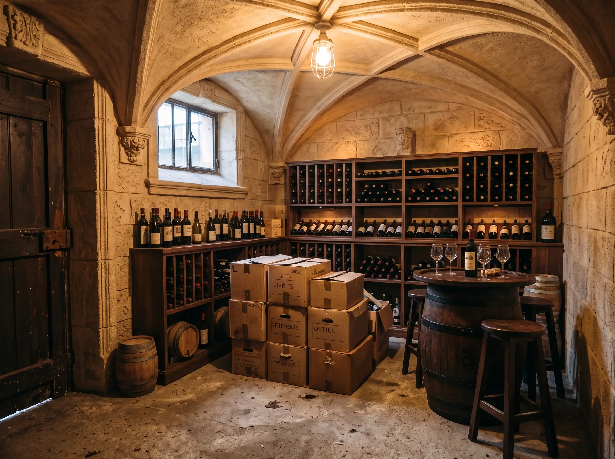 Après : le même sous-sol devenu cave à vin voûtée en pierre sculptée