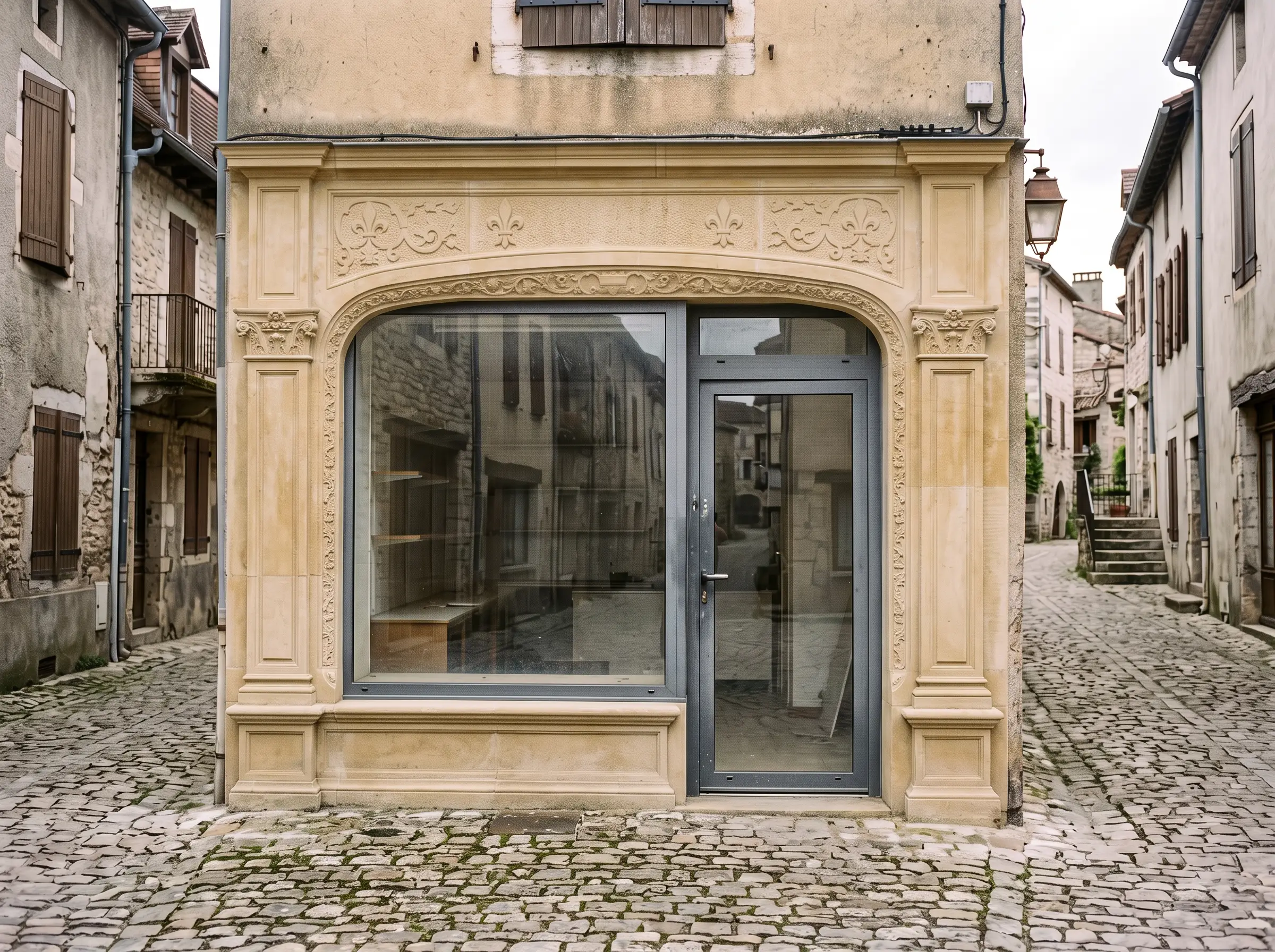 Après : la même devanture habillée de pierre sculptée, esprit boutique d’artisan