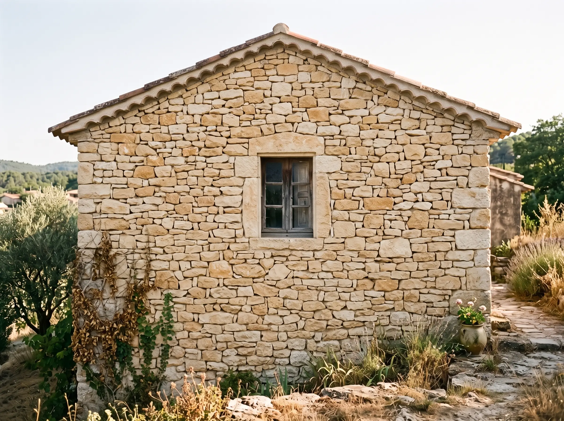 Après : le même pignon restauré en moellons provençaux sculptés
