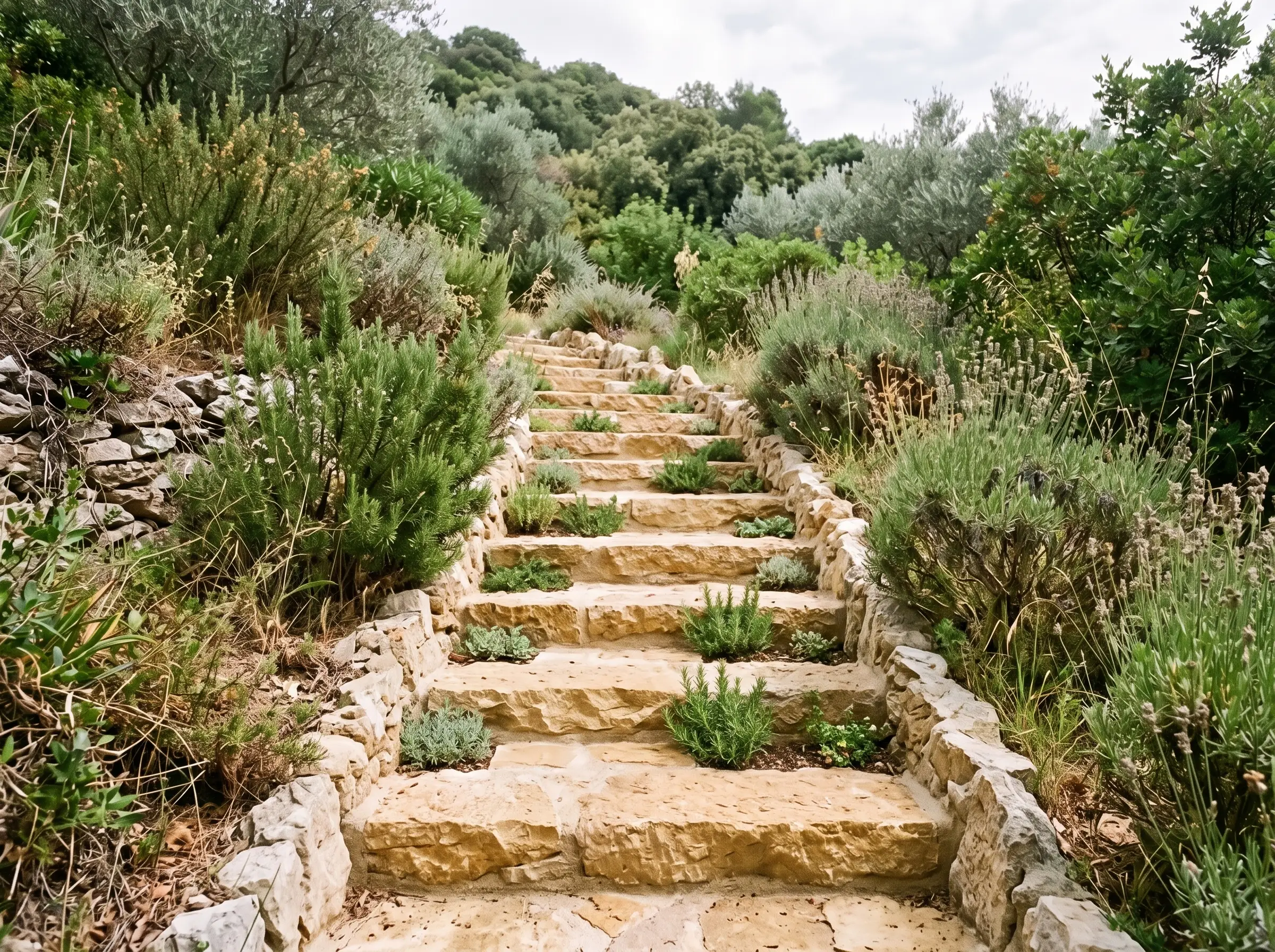 Après : le même escalier de jardin en rocaille sculptée