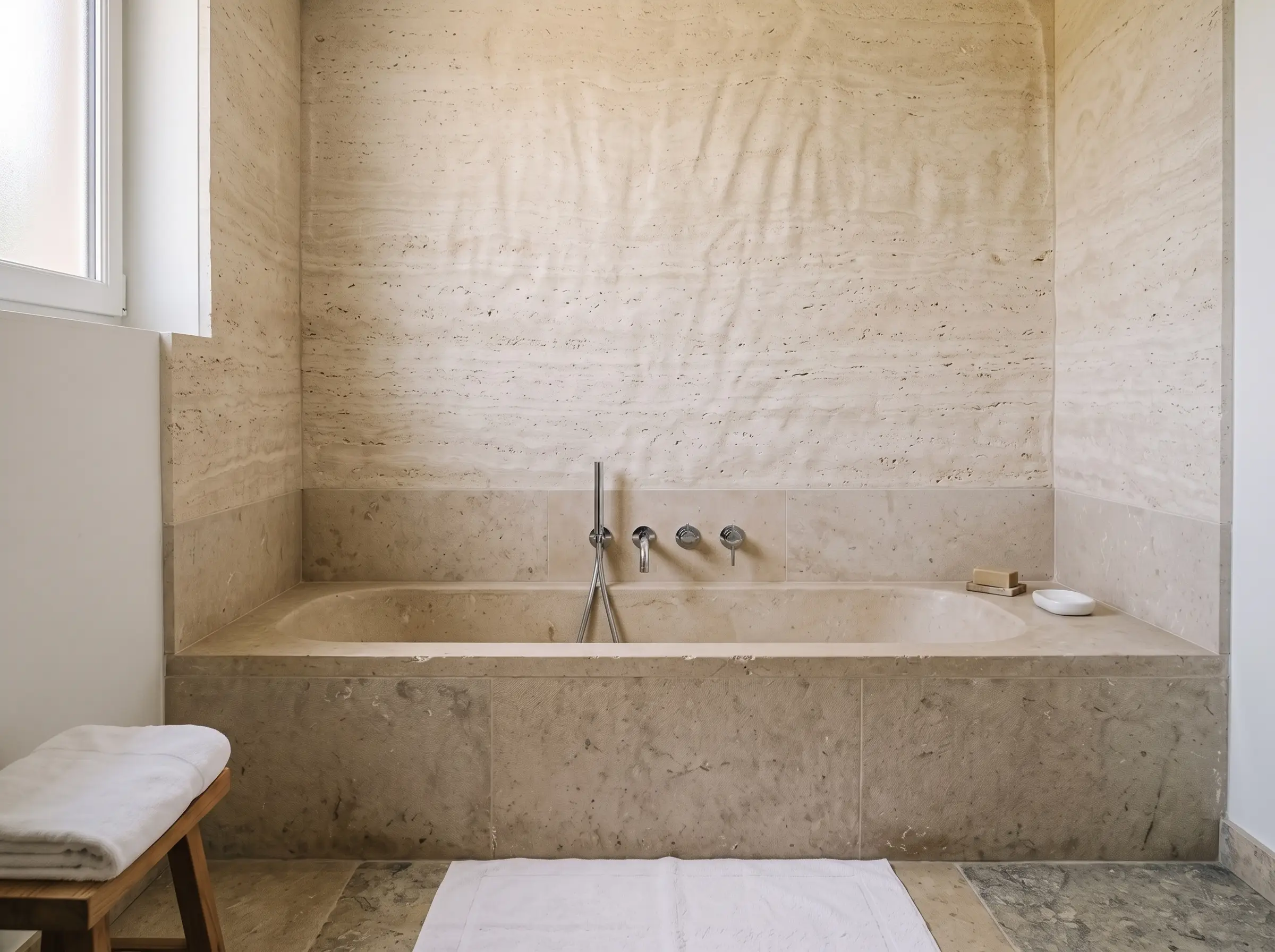 Après : la même salle de bains avec mur en travertin sculpté