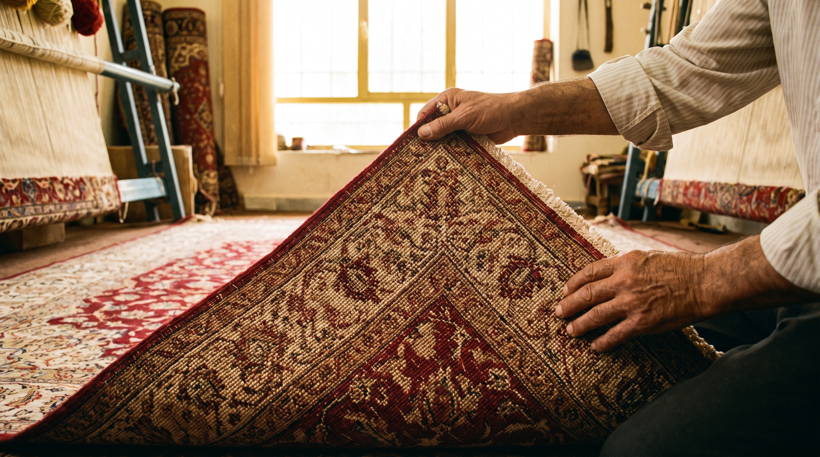 Mains d’artisan retournant un tapis persan pour montrer l’envers et son nouage