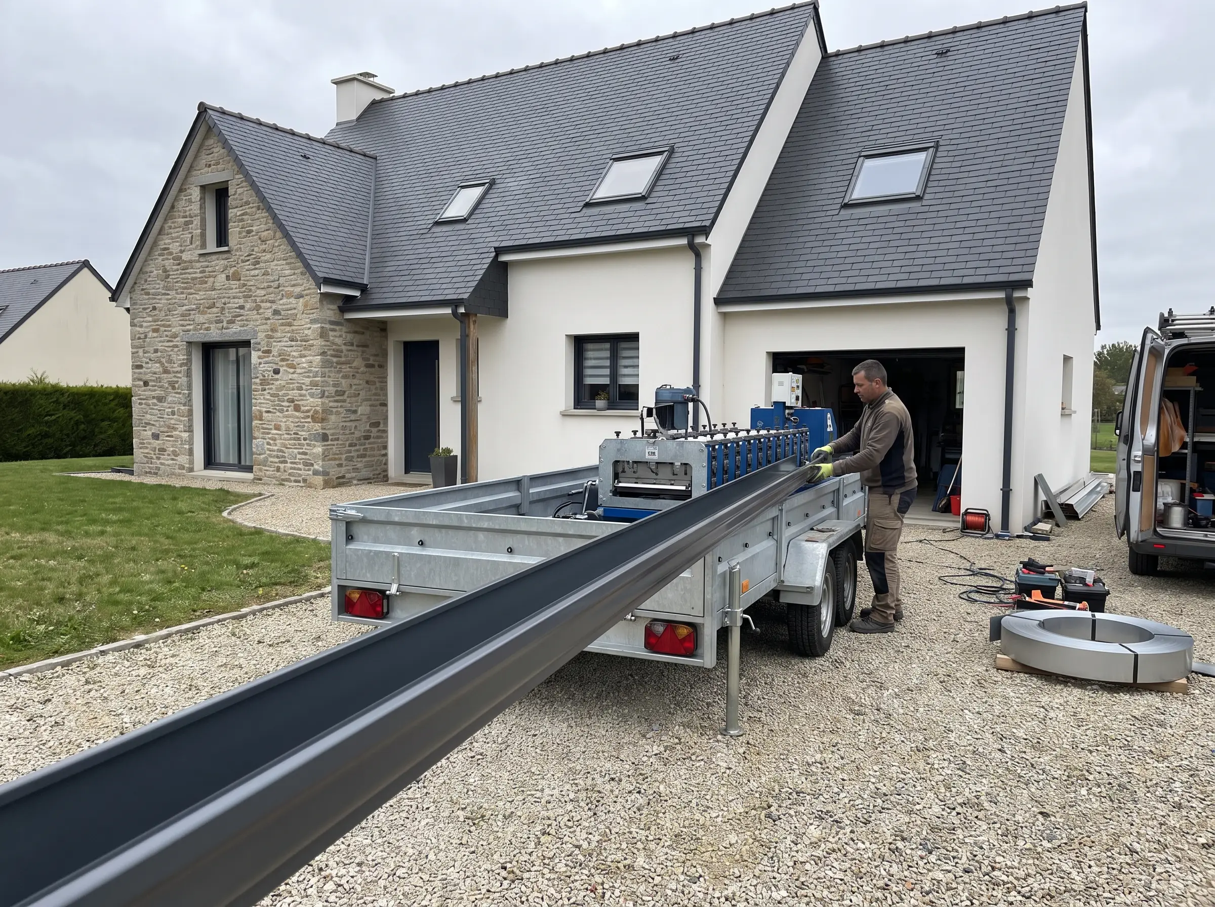 Profileuse de gouttière aluminium sur mesure sur chantier