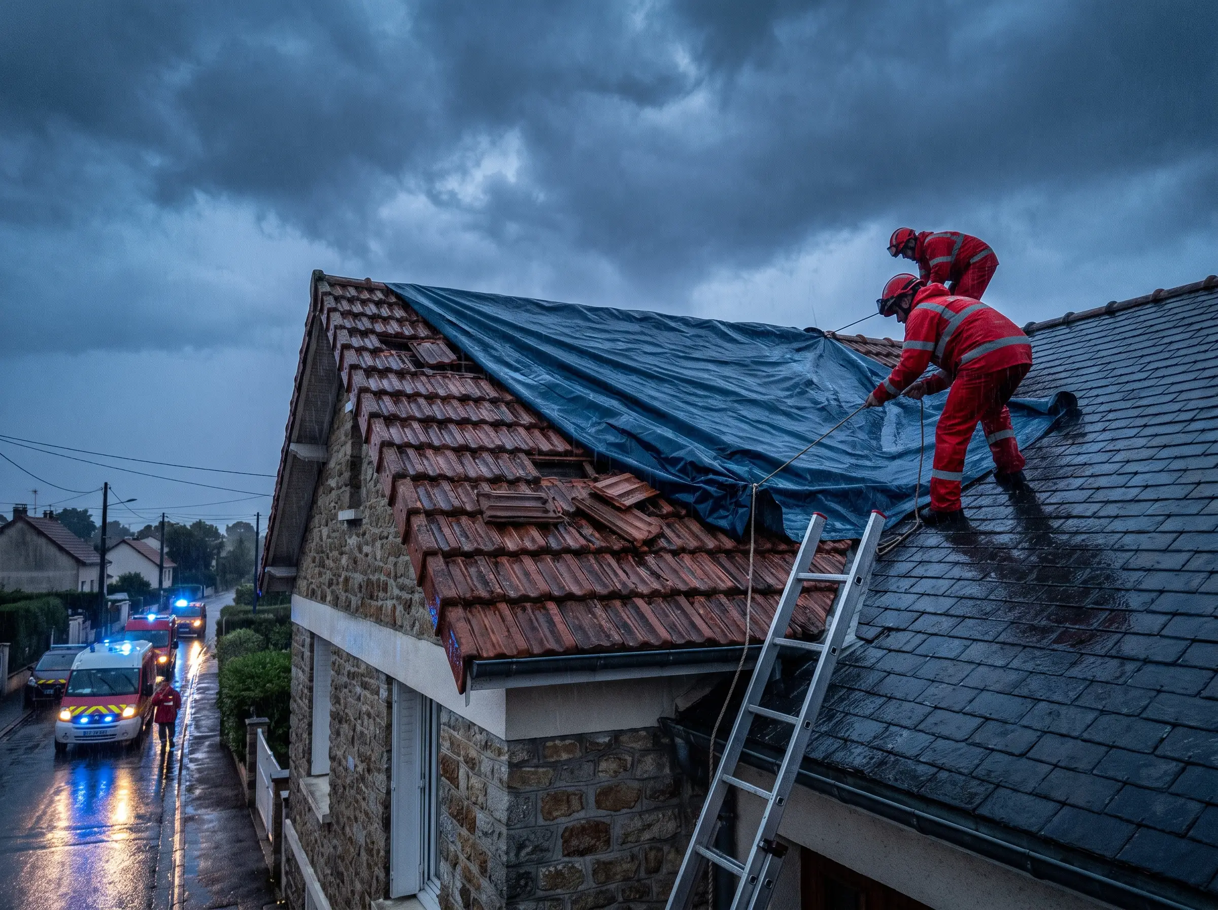 Bâchage d’urgence d’une toiture après tempête