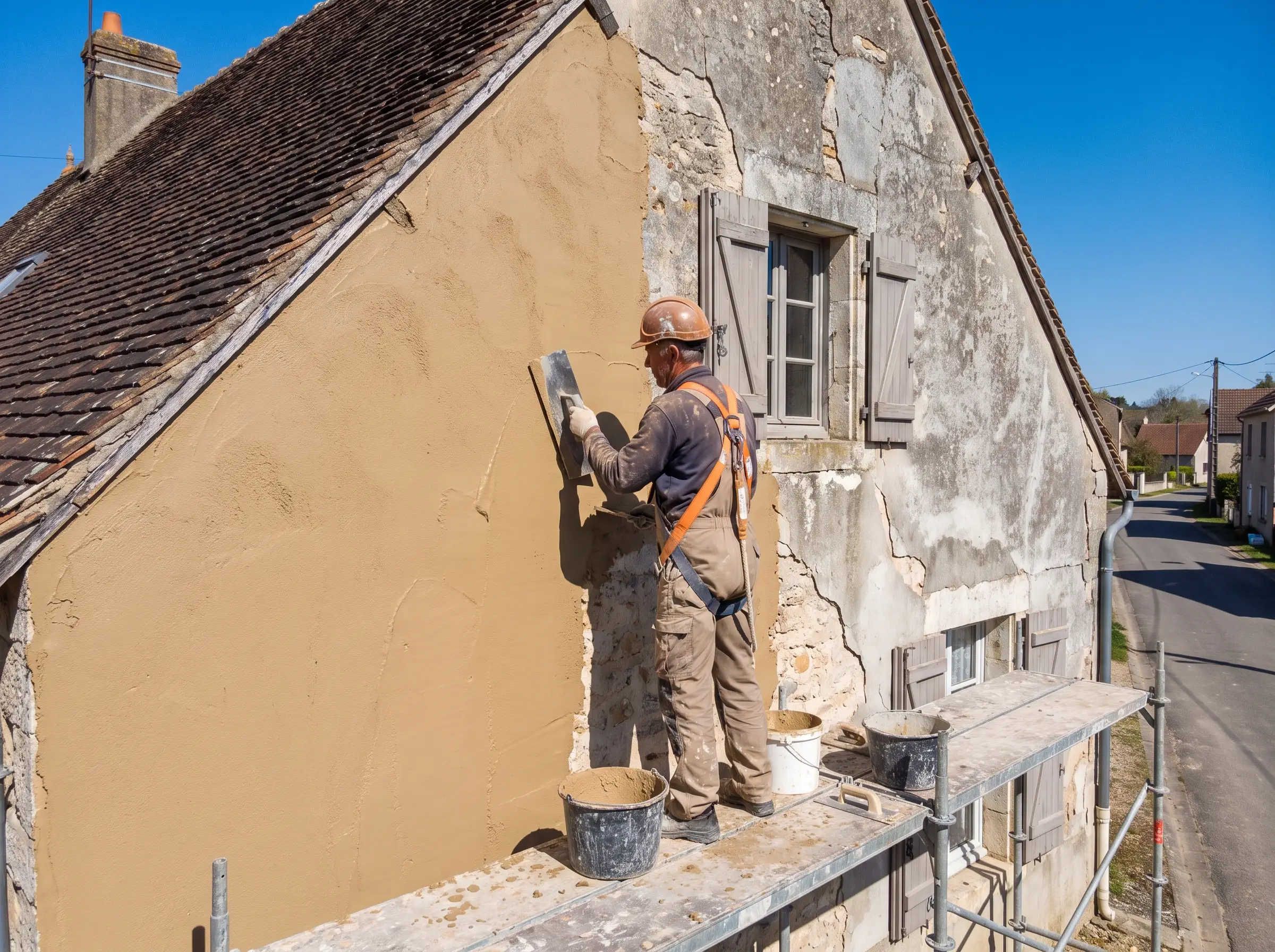Ravalement de façade : enduit neuf appliqué à la taloche