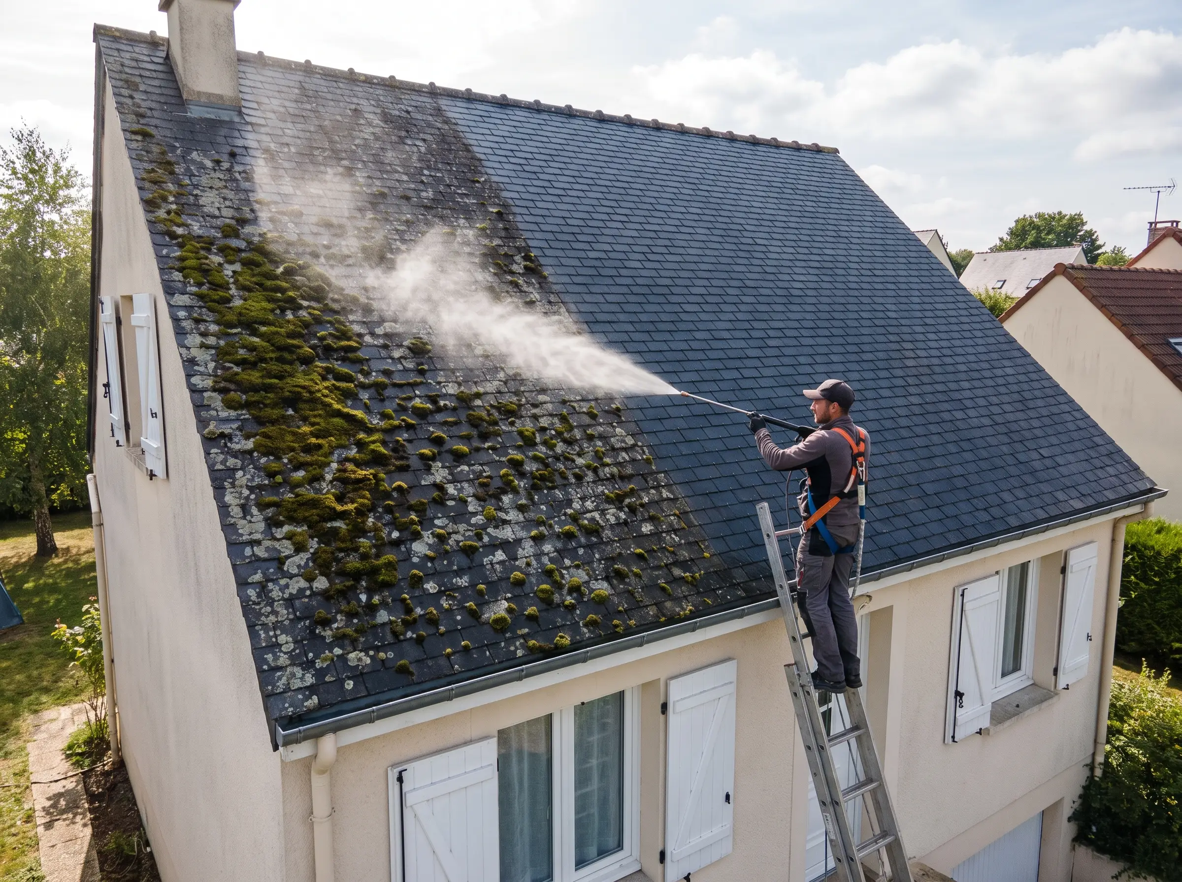 Traitement anti-mousse d’une toiture en ardoise