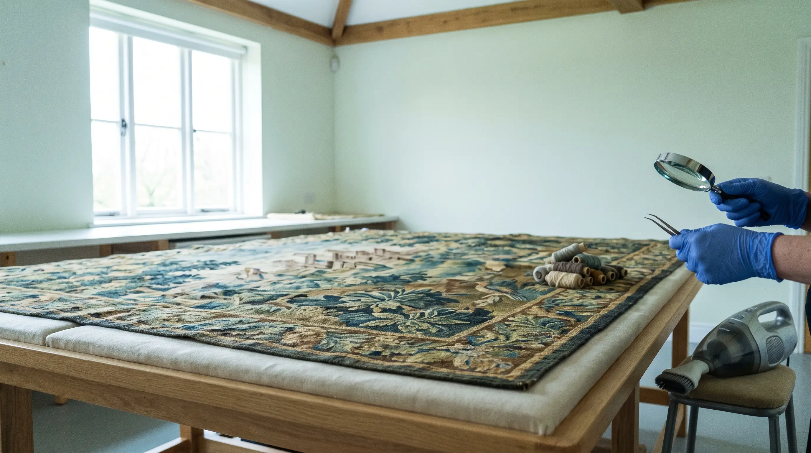 Tapisserie verdure ancienne examinée sur table de conservation
