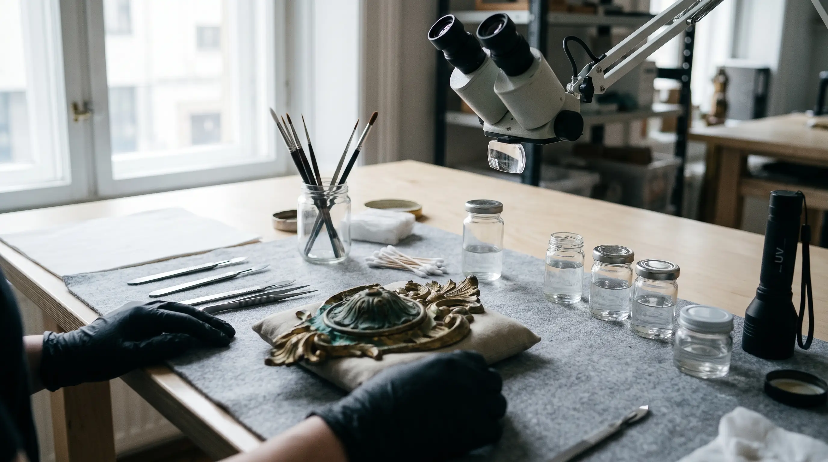 Établi du restaurateur : scalpels, pinceaux, cotons-tiges, loupe et lampe UV