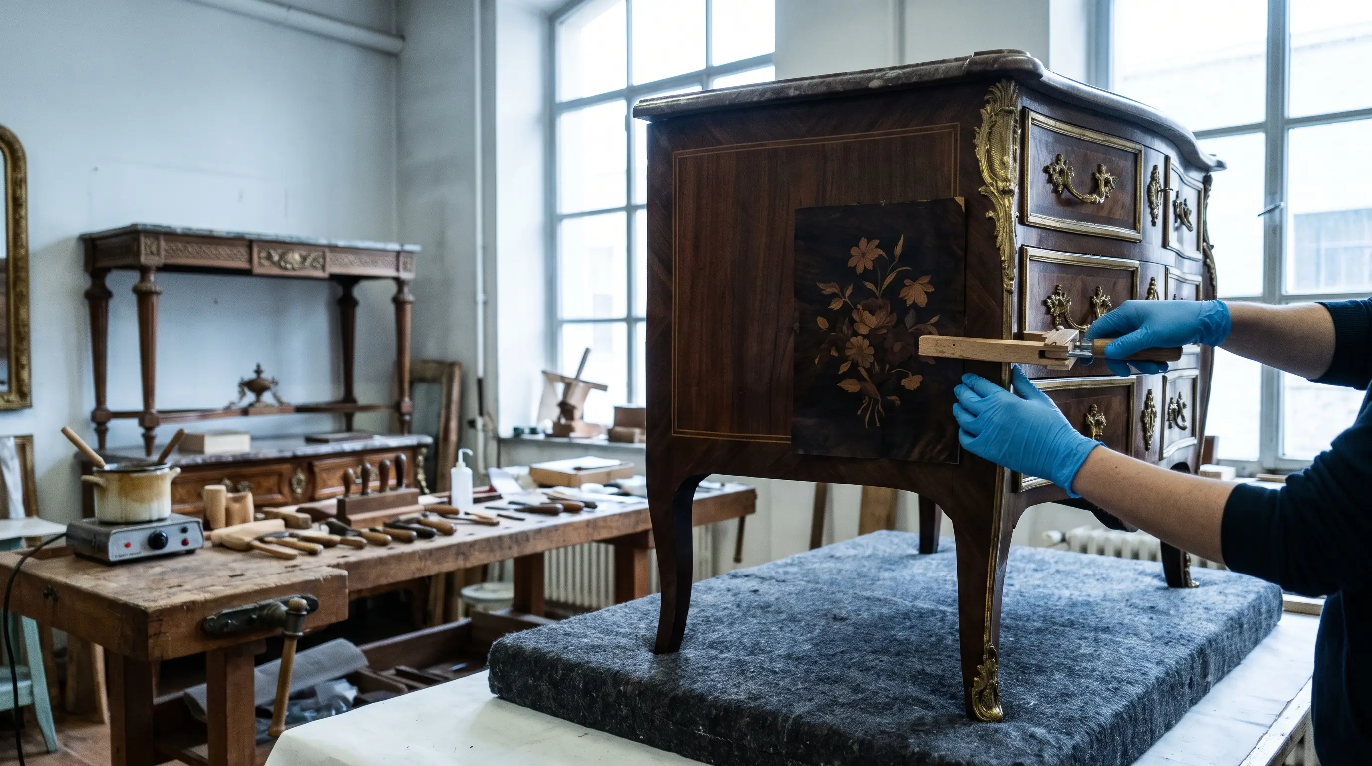 Commode marquetée du XVIIIe siècle en cours de restauration de placage