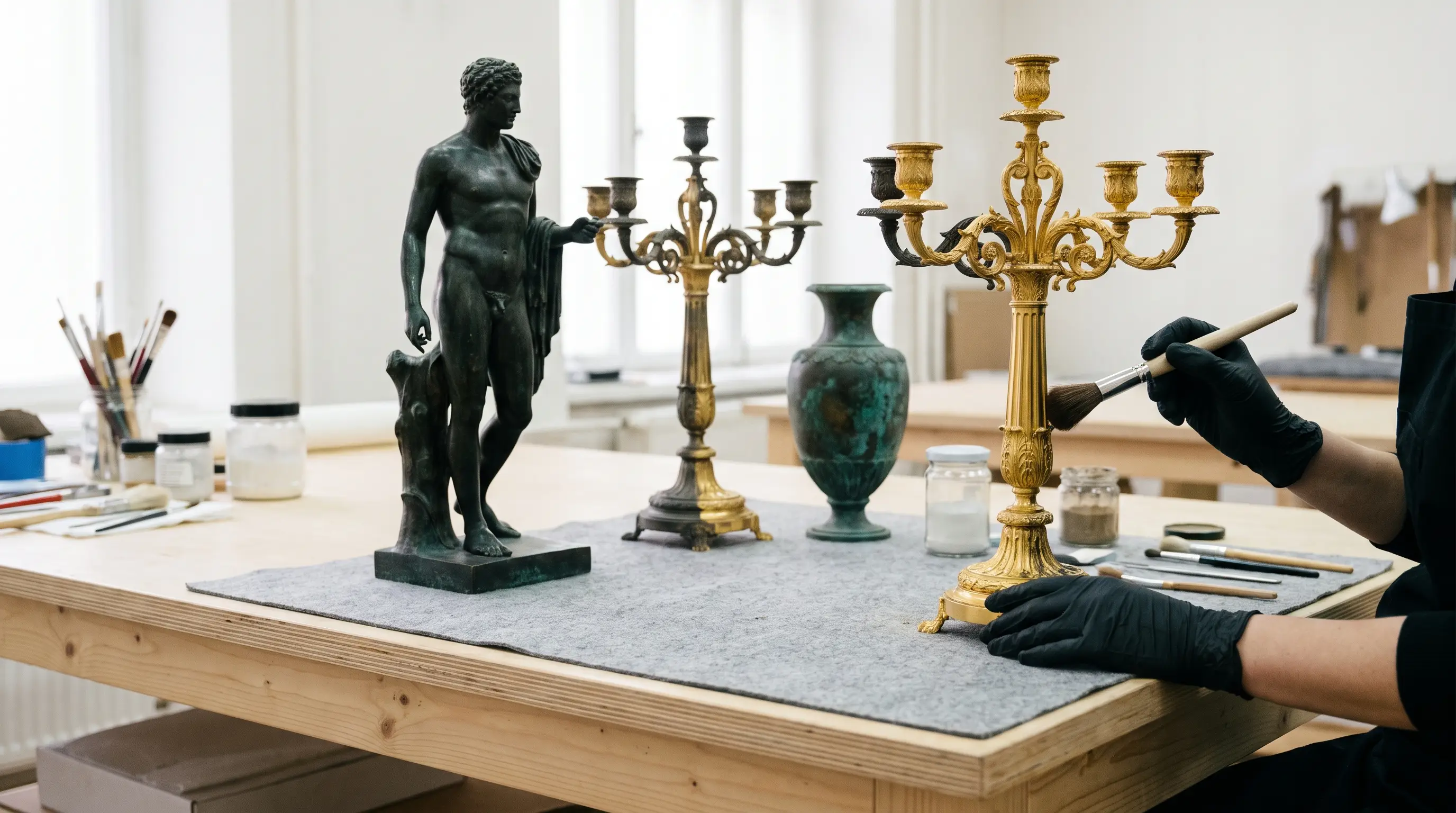 Statue, candélabres et vase en bronze en cours de nettoyage