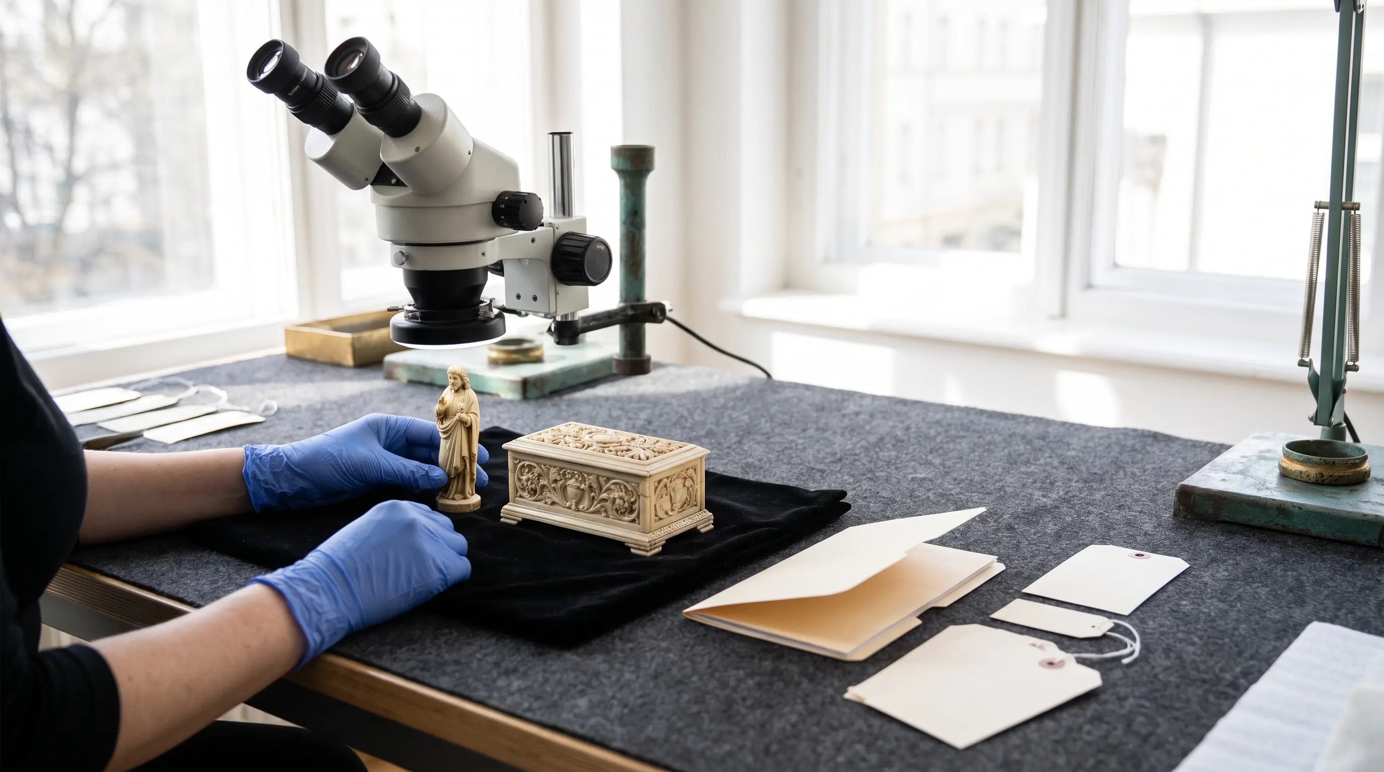 Statuette et coffret en ivoire ancien examinés sous loupe avec dossier de provenance