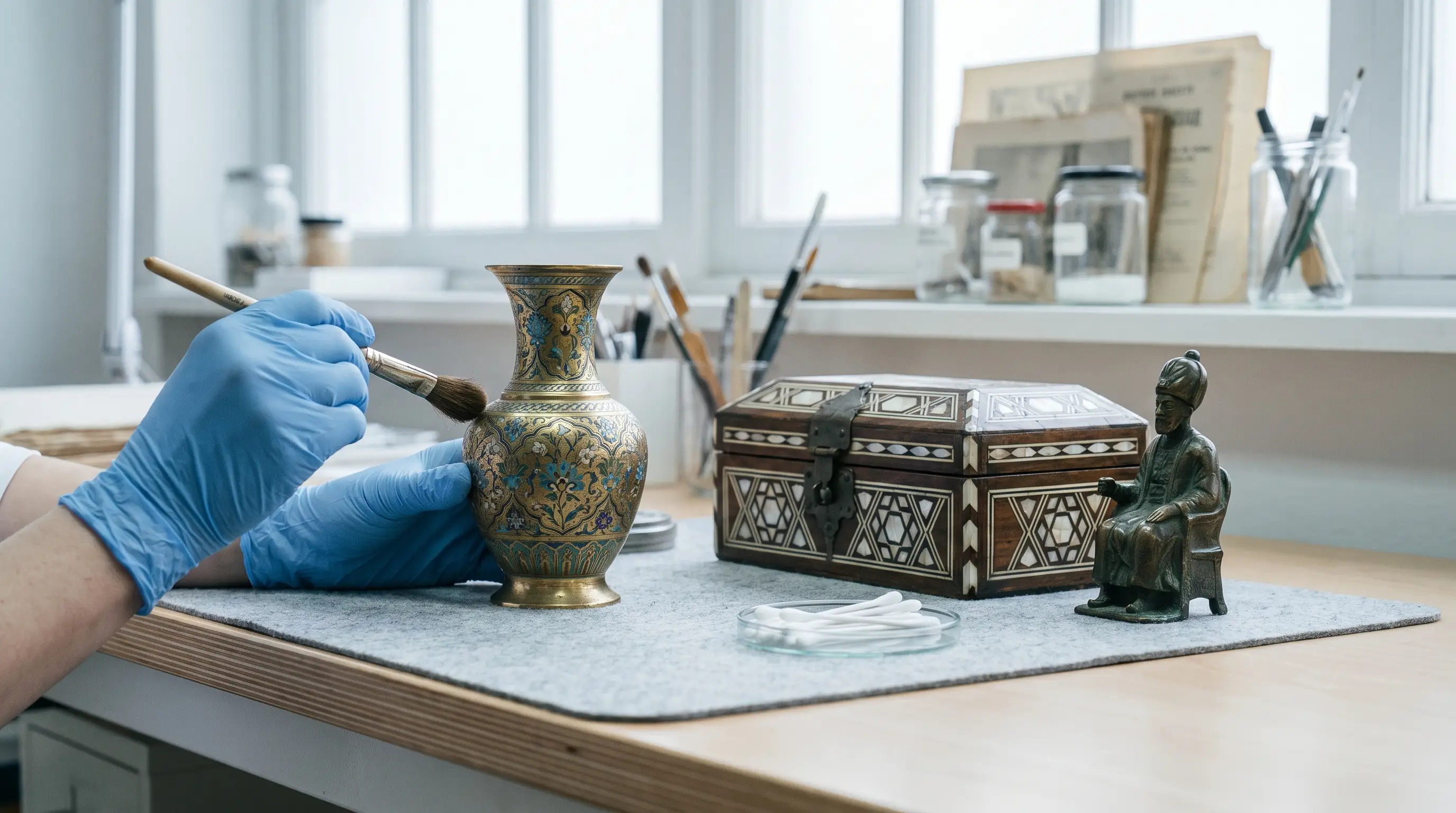 Vase persan émaillé, coffret ottoman incrusté et bronze réunis pour examen