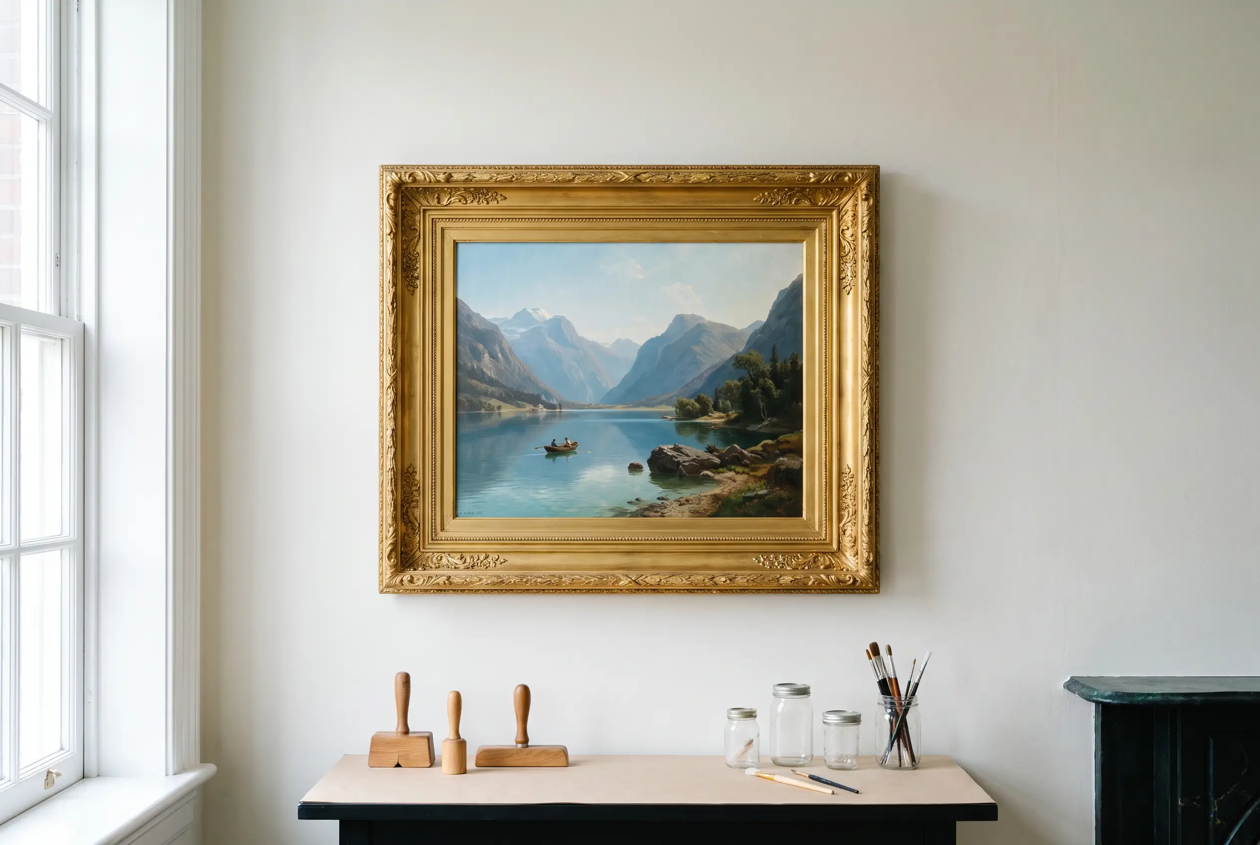 Tableau de paysage dans son cadre doré après restauration