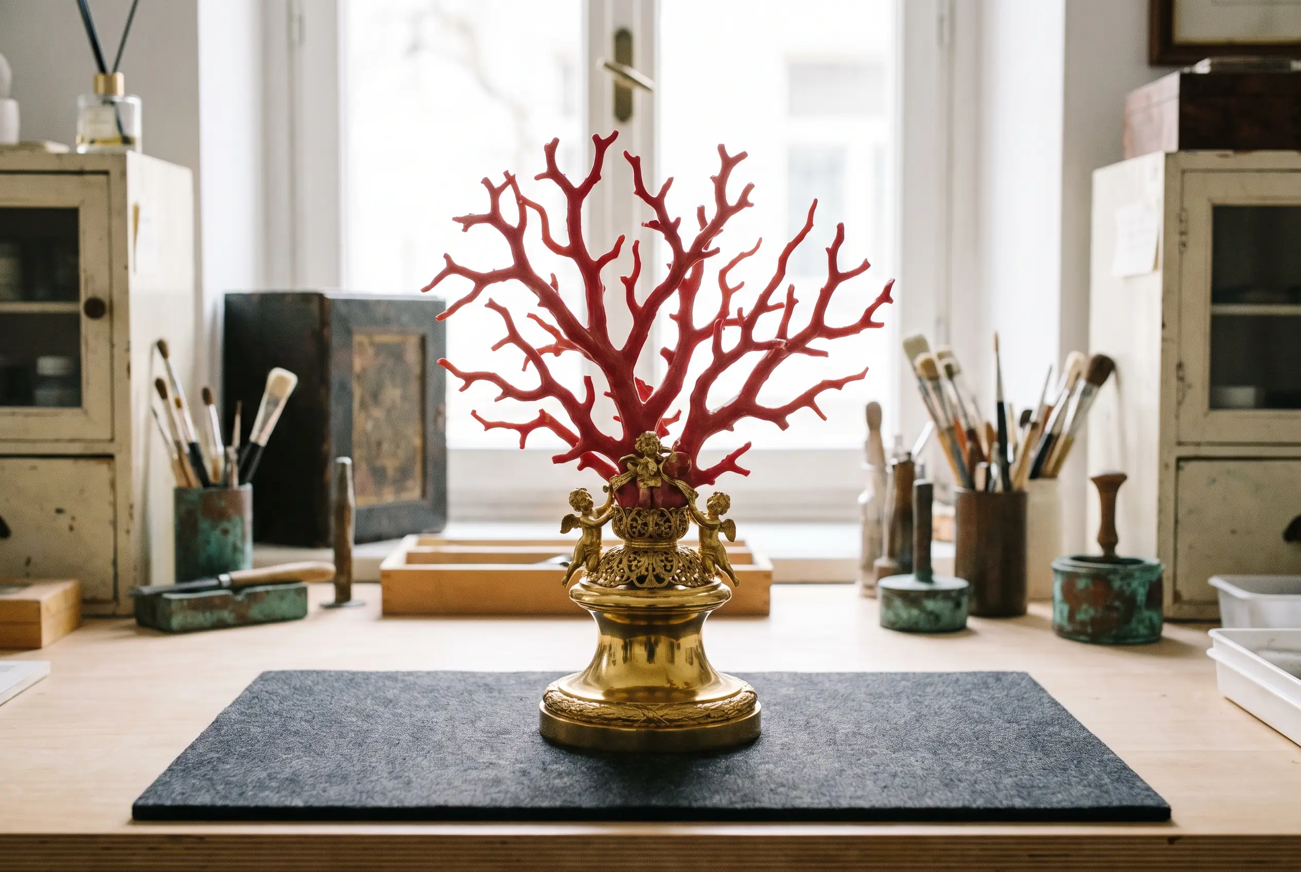 Branche de corail sur socle en bronze doré après restauration