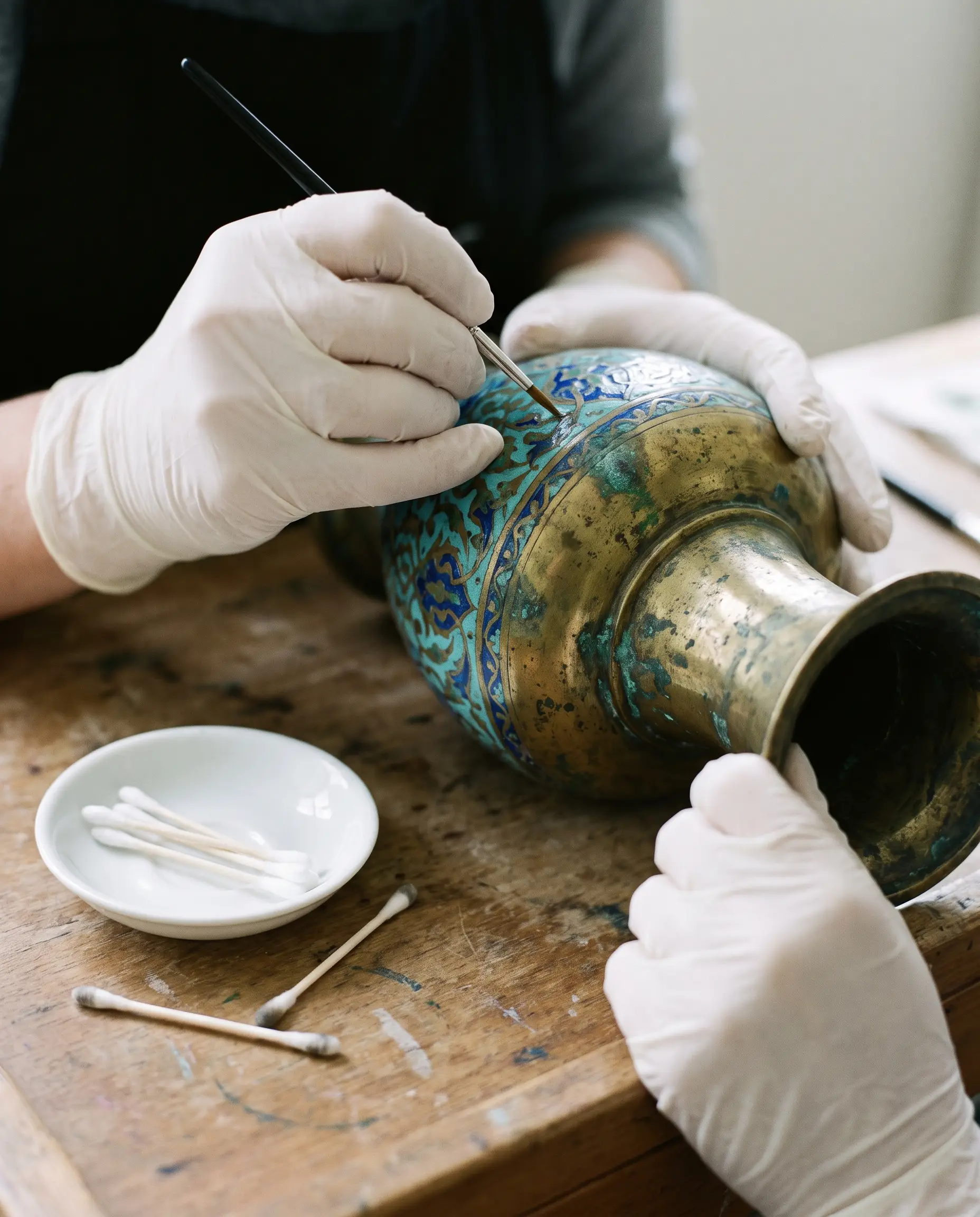Geste de restauration : nettoyage des émaux d’un vase persan