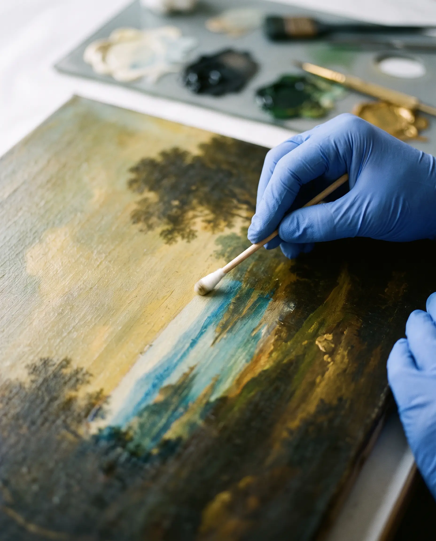 Geste de restauration : allègement de vernis au coton-tige sur un tableau