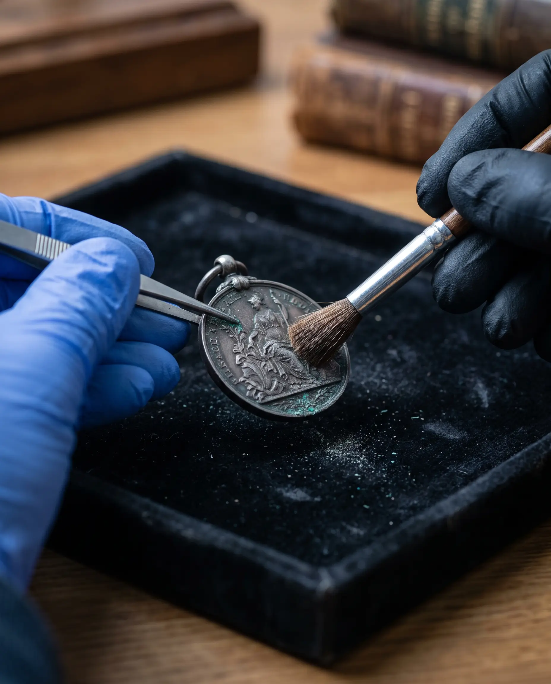 Geste de restauration : nettoyage d’une médaille en argent au pinceau