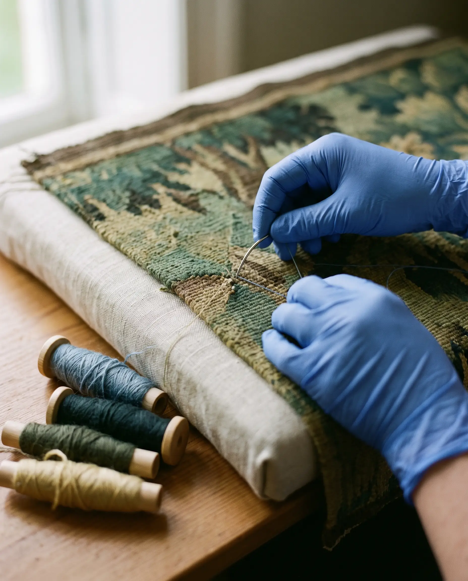 Geste de restauration : consolidation d’une tapisserie à l’aiguille courbe