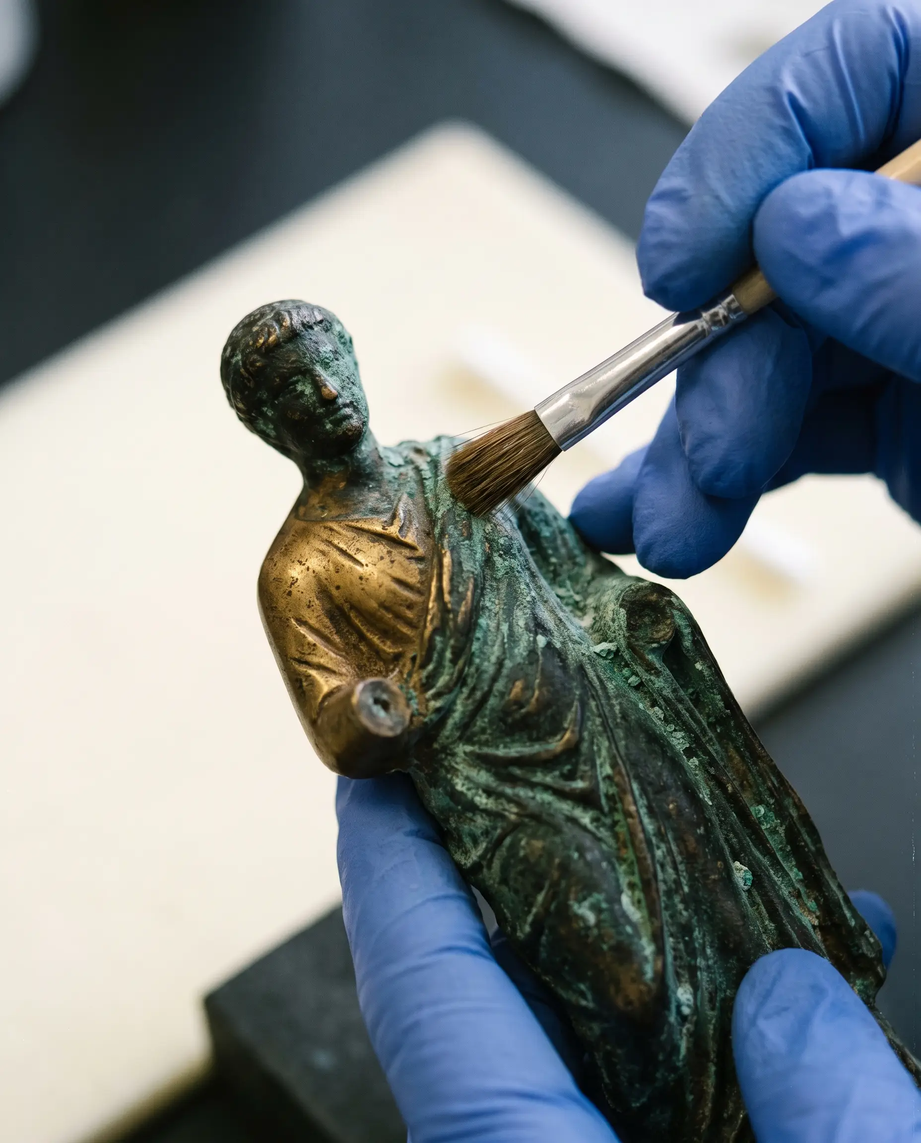 Geste de restauration : élimination de la corrosion sur un bronze patiné