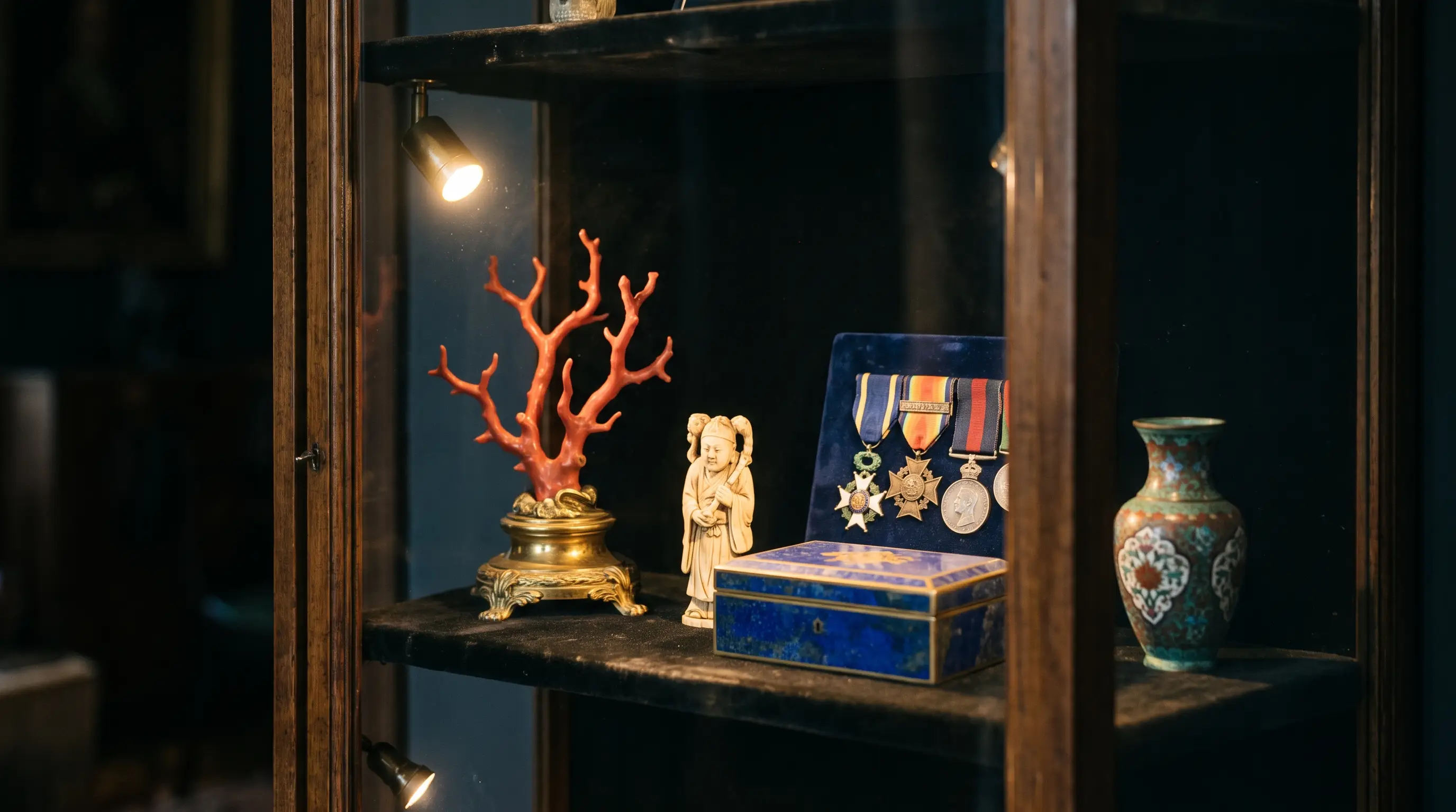 Vitrine de collectionneur : corail, ivoire, médailles, lapis-lazuli et vase persan