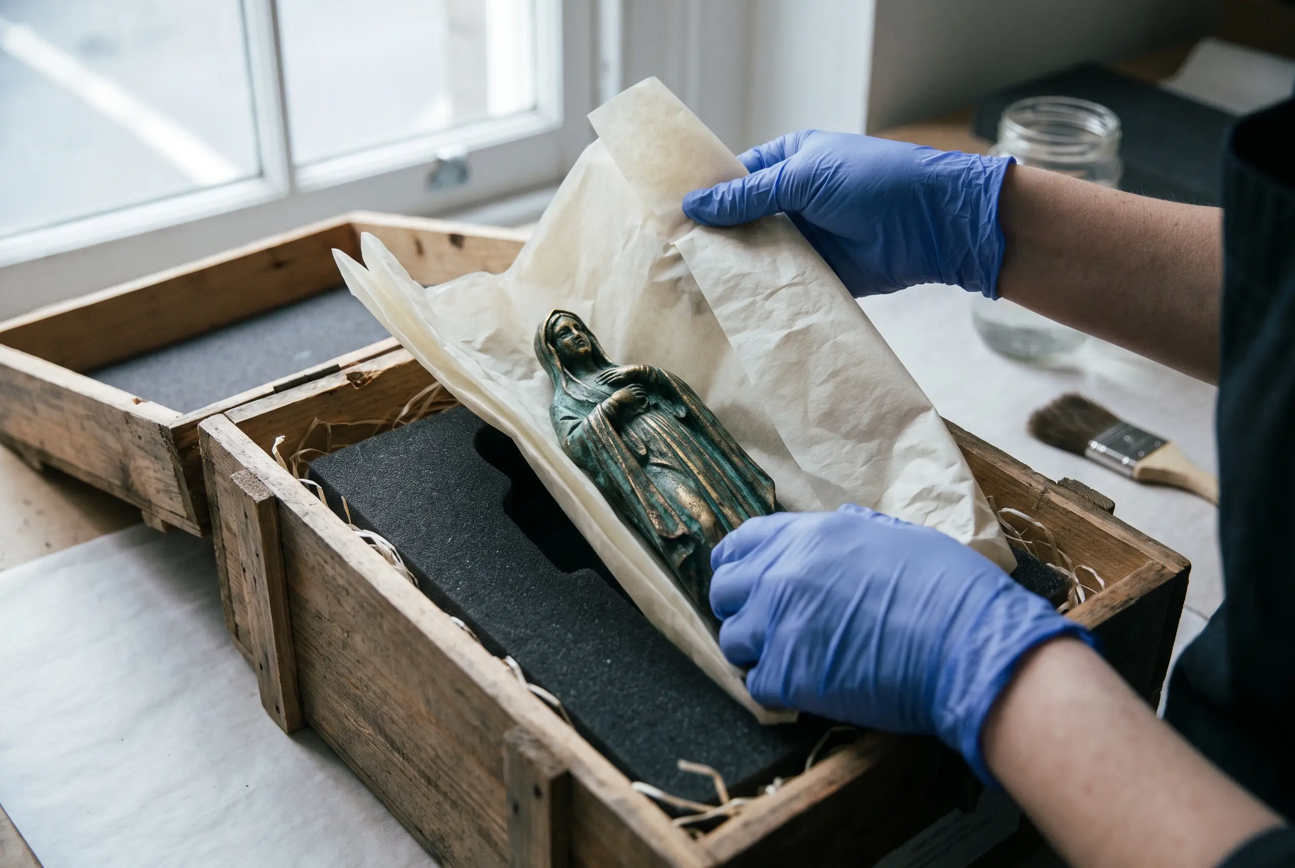 Emballage de protection d’une statuette restaurée dans une caisse sur mesure