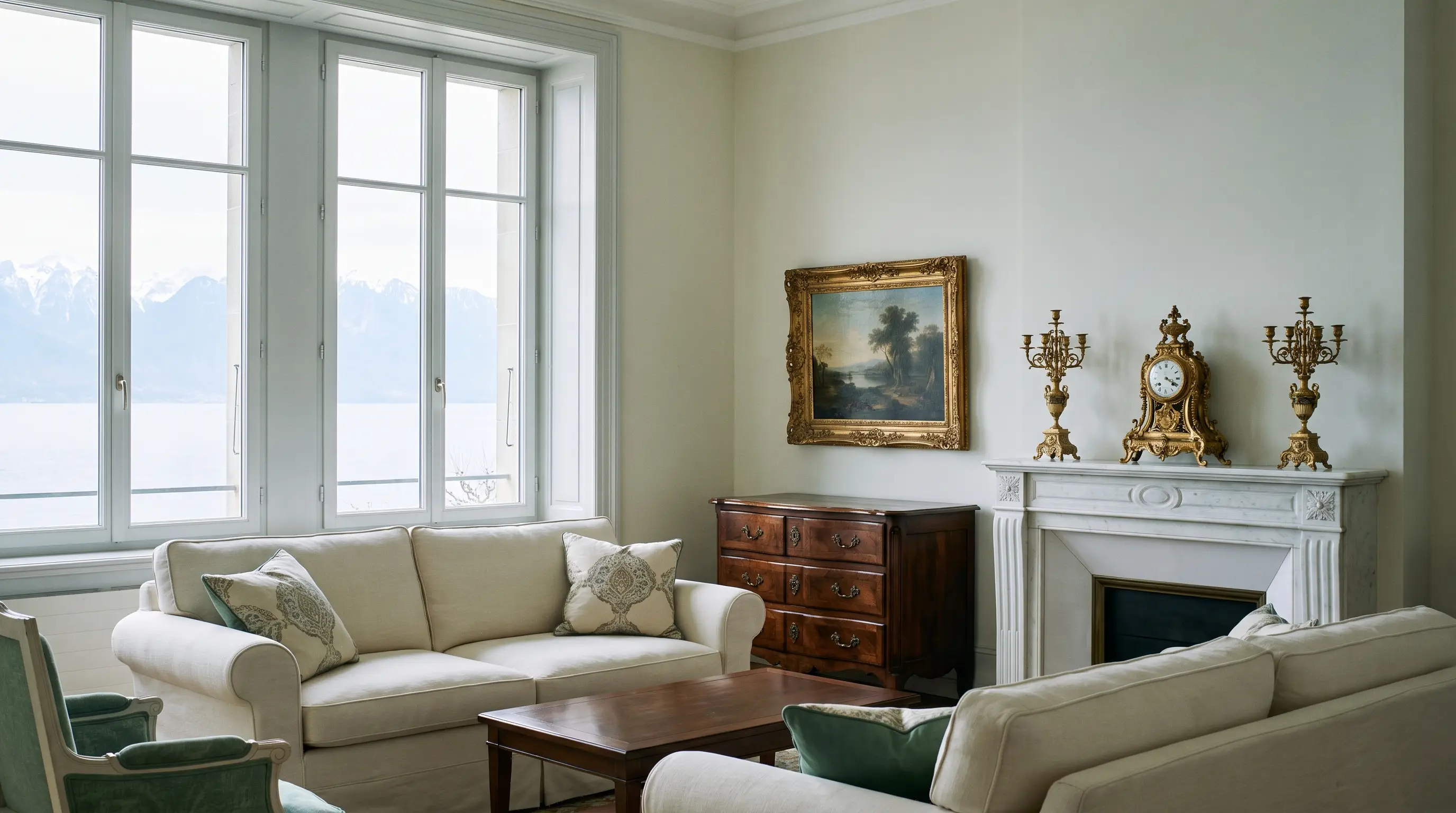 Salon lémanique avec pendule, candélabres et commode anciens