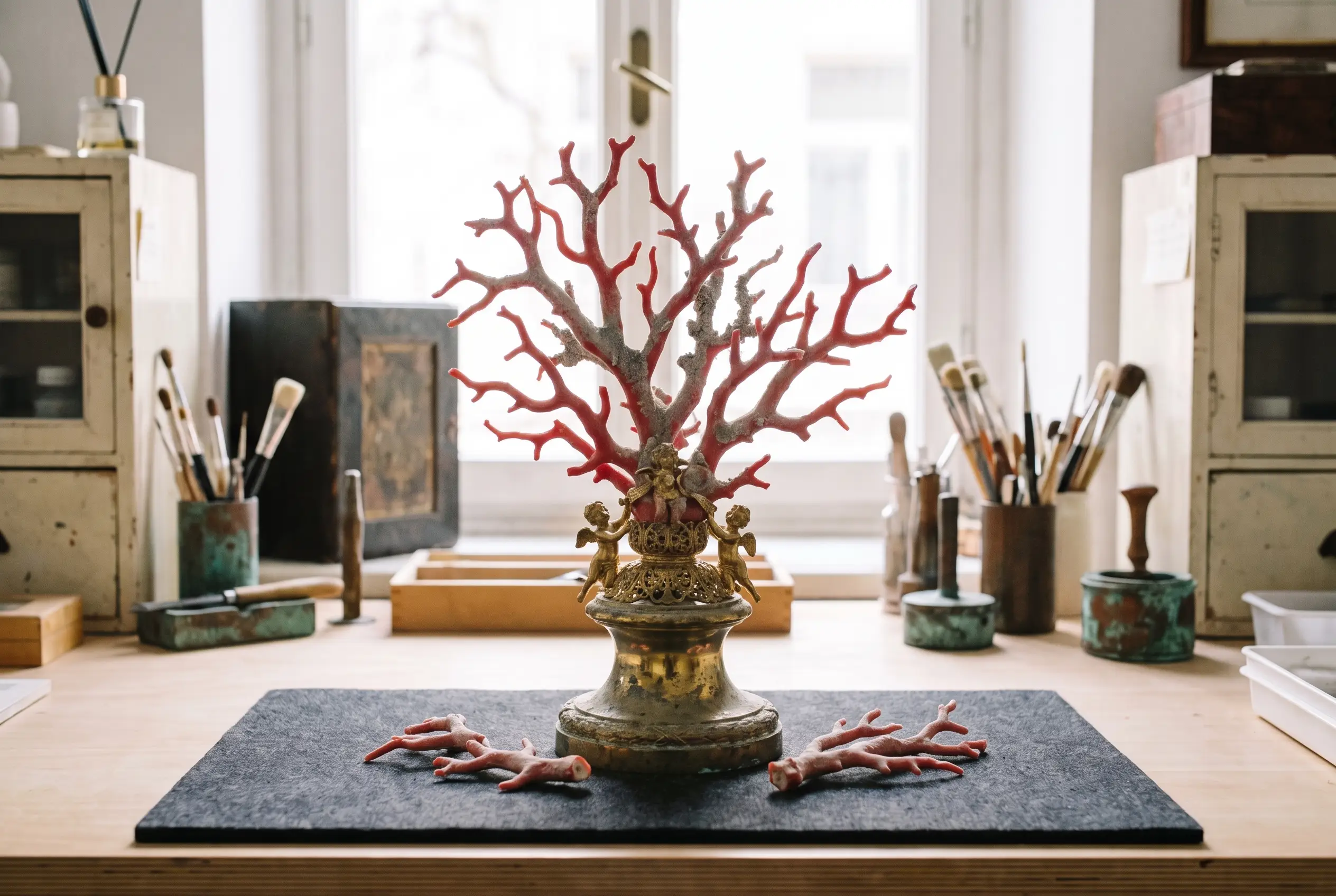 Branche de corail sur socle en bronze doré avant restauration