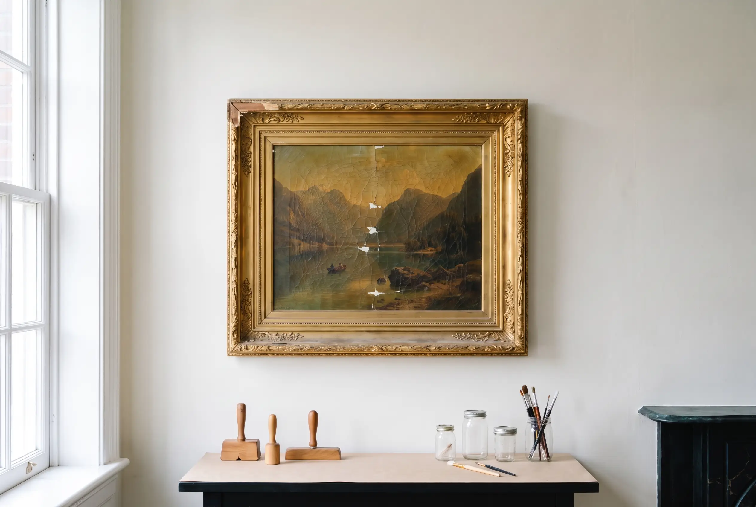 Tableau de paysage dans son cadre doré avant restauration