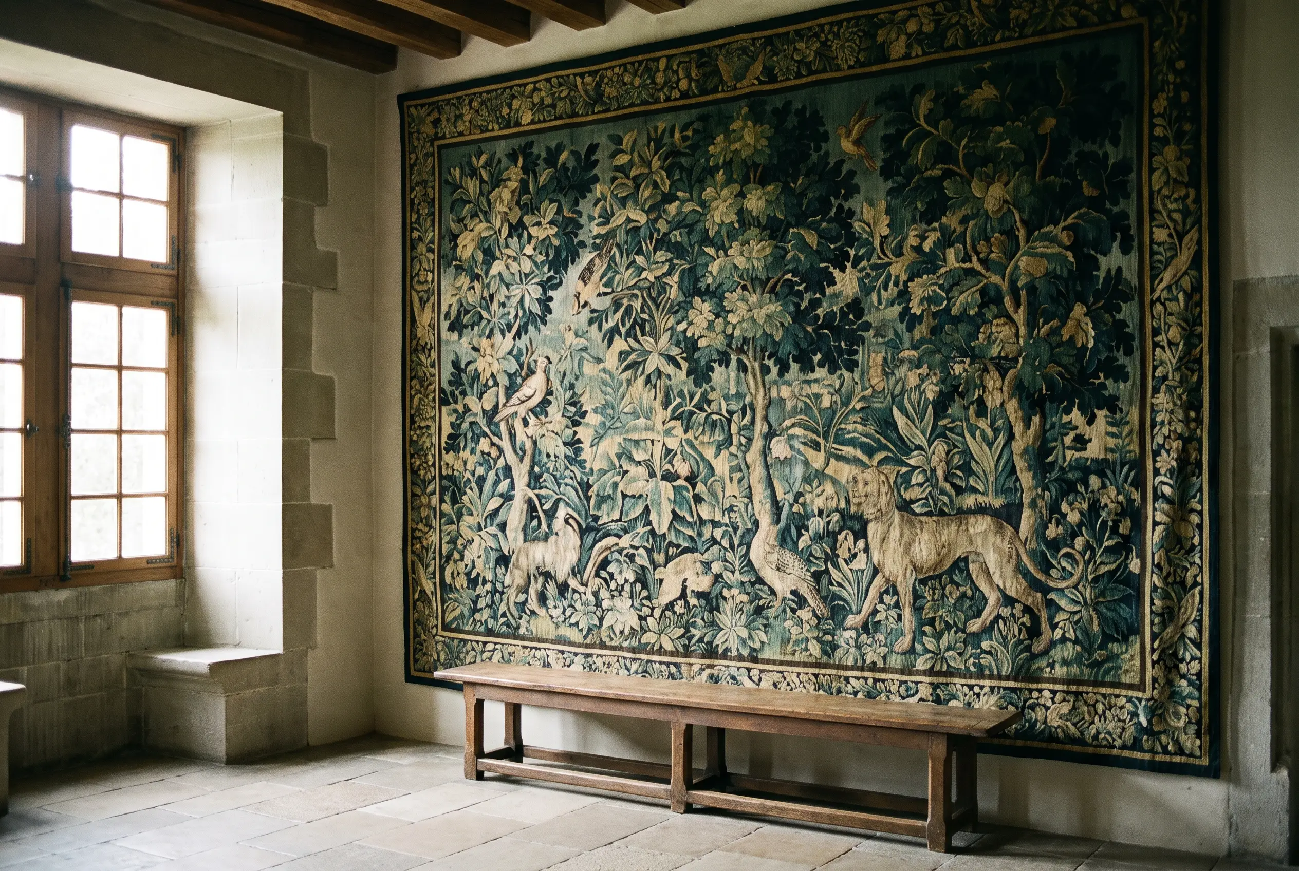 Tapisserie verdure restaurée dans le hall d’un manoir vaudois