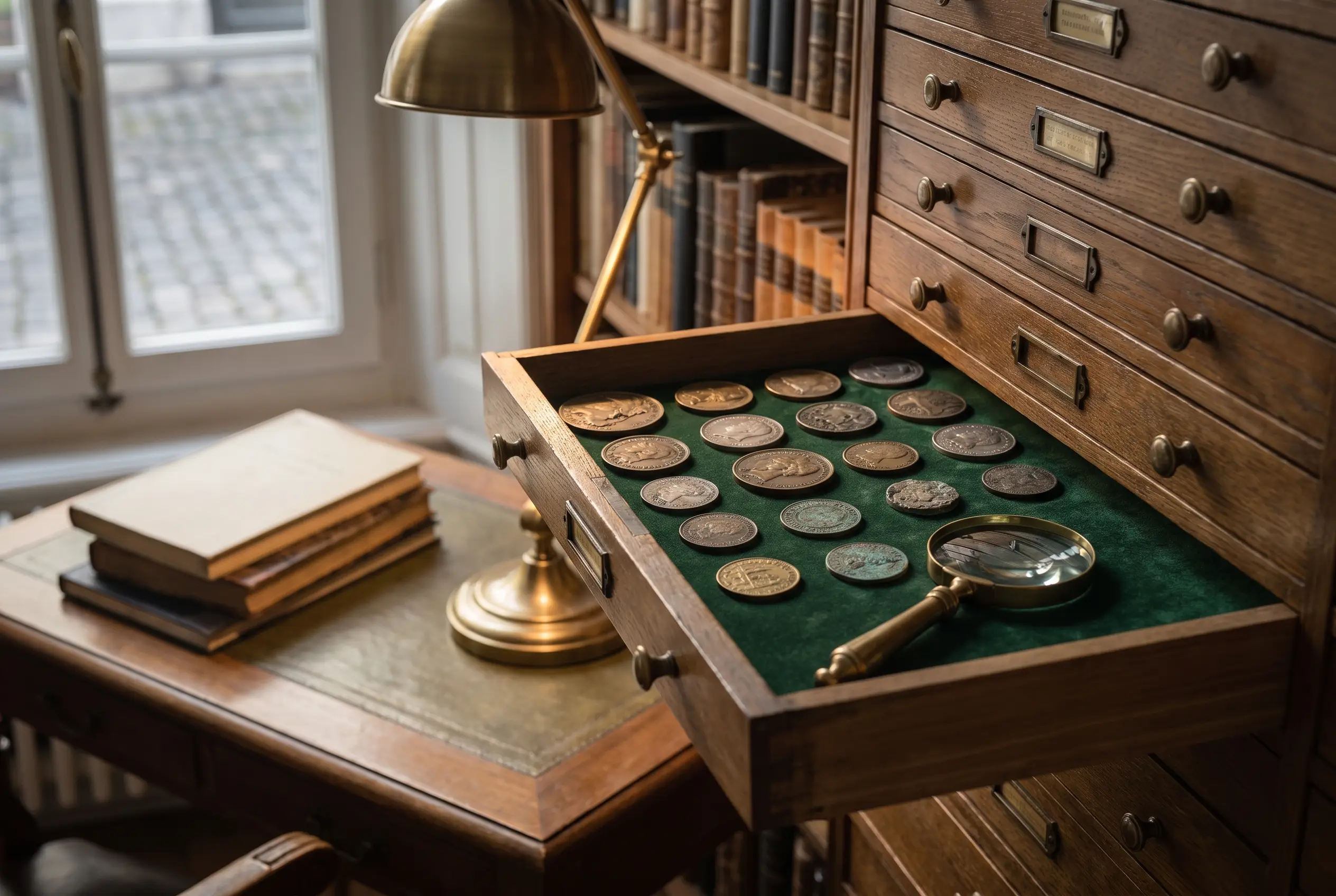 Tiroir de collectionneur : médailles et pièces anciennes sur velours vert