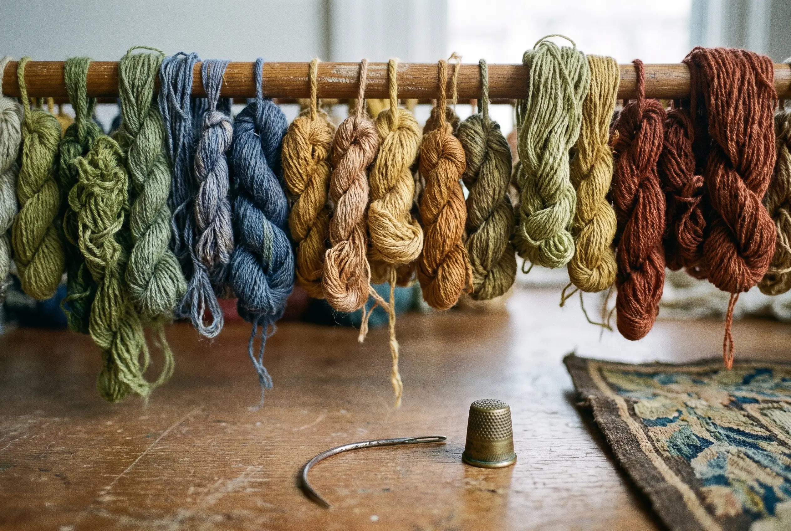 Nuancier de fils de restauration teints à l’atelier textile
