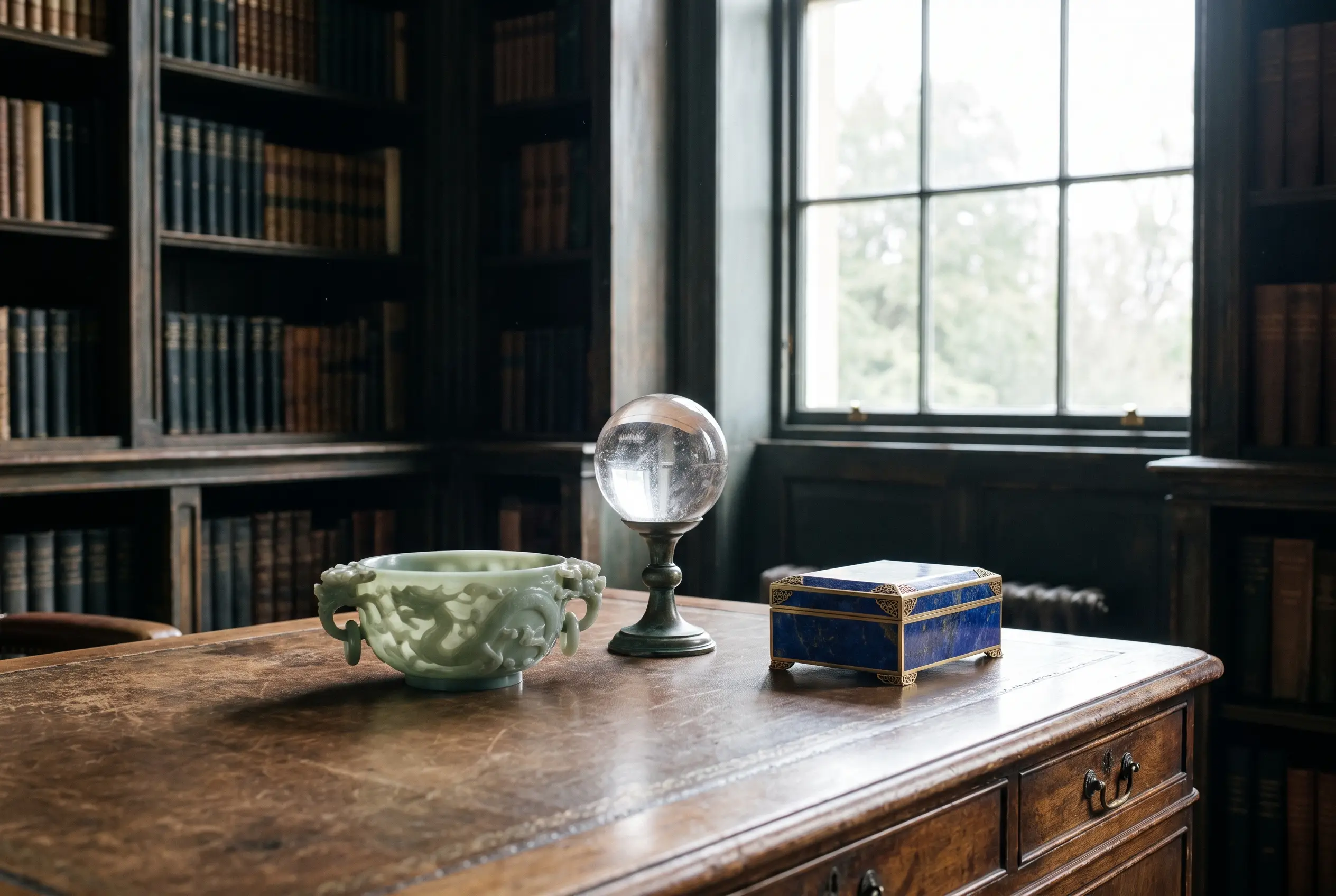 Coupe en jade, sphère en cristal de roche et coffret en lapis-lazuli sur un bureau