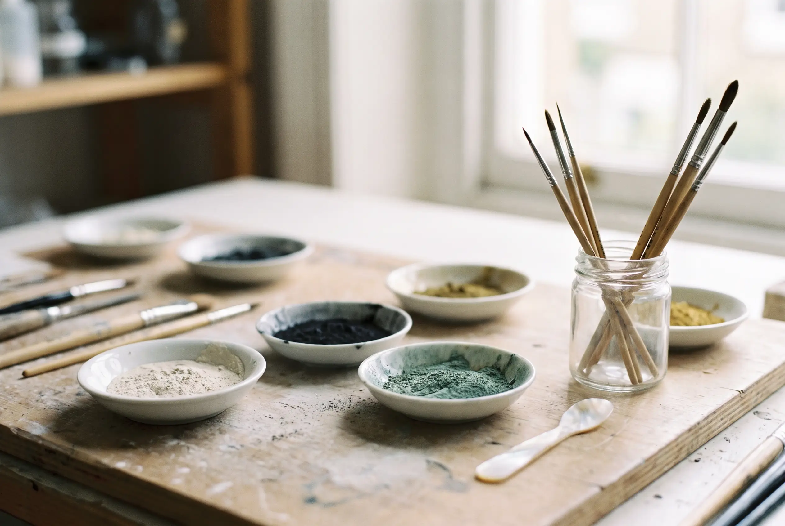 Palette de retouche : pigments, pinceaux en martre et spatule de nacre