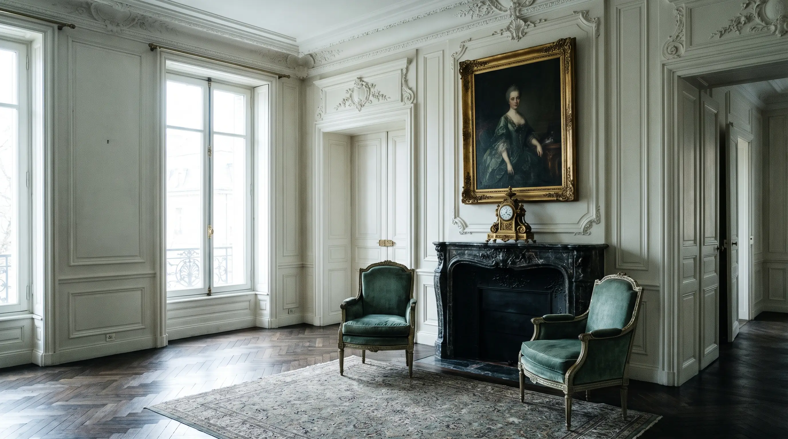 Appartement genevois : cheminée en marbre, pendule en bronze doré, tableau ancien